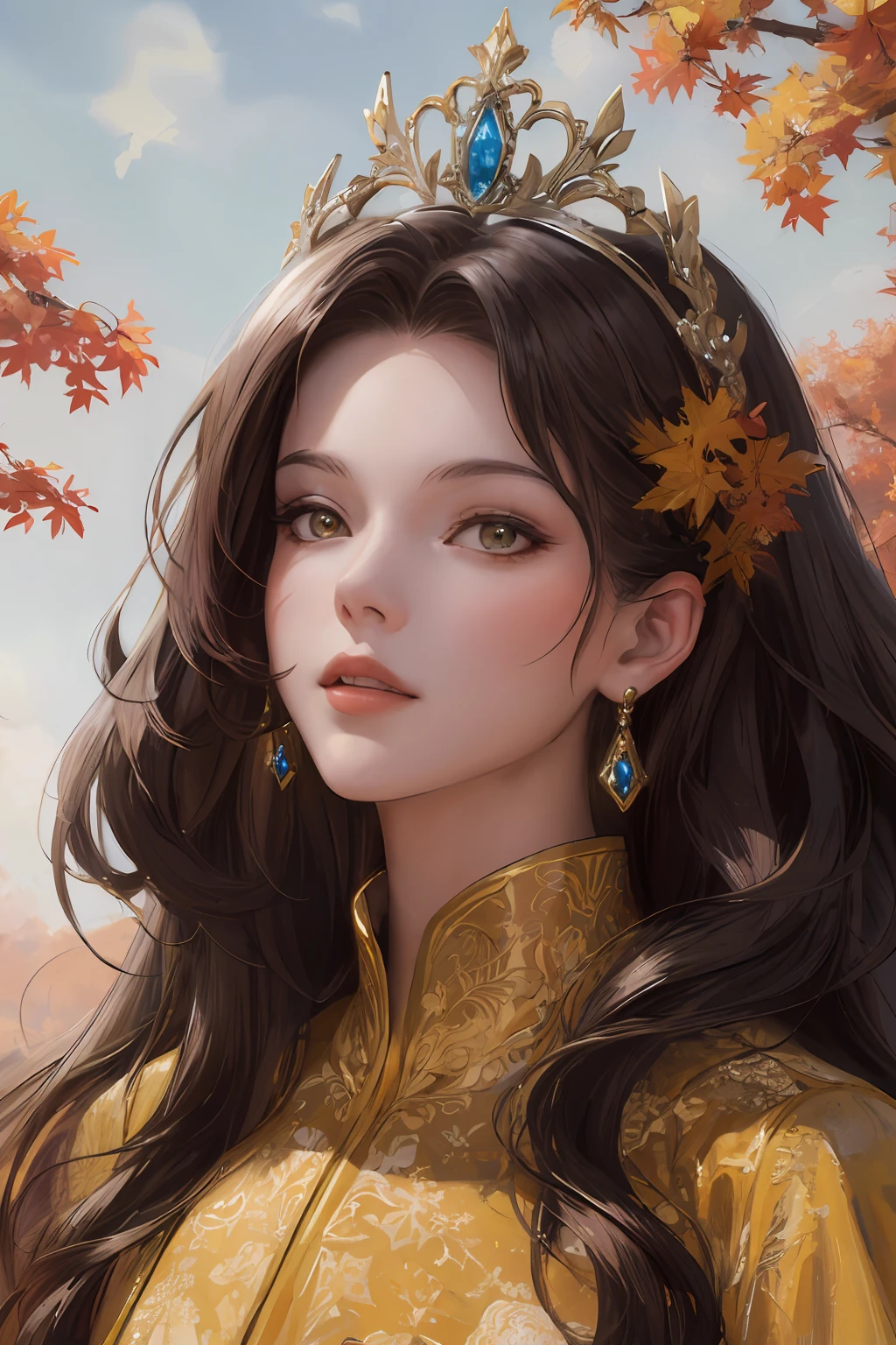 tmasterpiece:1.2,best qualtiy),realisticlying,(Authentic images,complexdetails,depth of fields),Portrait of a beautiful woman,Russian tiara,复杂,ultra - detailed,tiara crown,long whitr hair,oil painted,Brush Strokes,autumn scenery,Fantasyart
