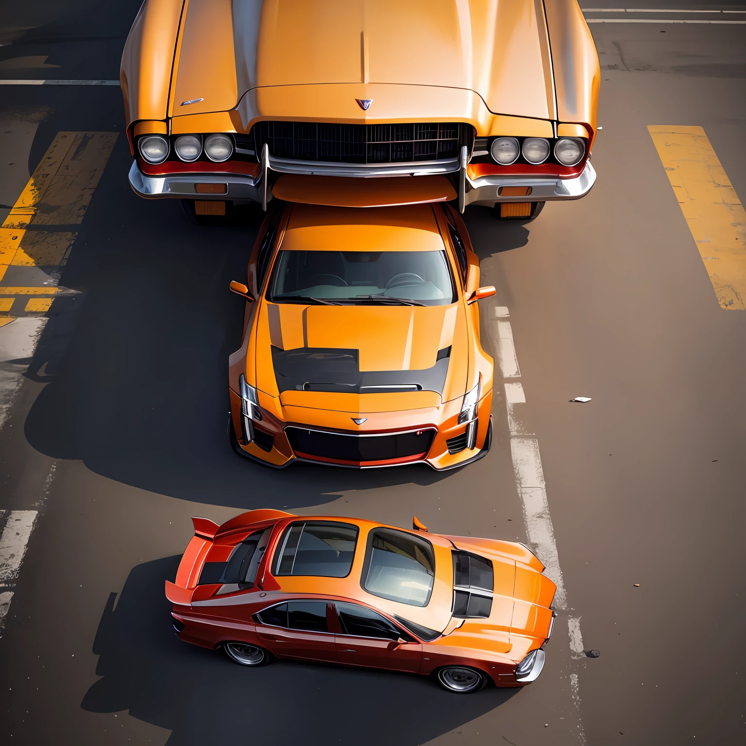Detail summary format:
Red Cadillac,Tire 215,Outer eight wheels,Large tail wing,
Damaged body,There are impact marks on the front part of the car,
A yellow cordon wraps around the car。 --auto