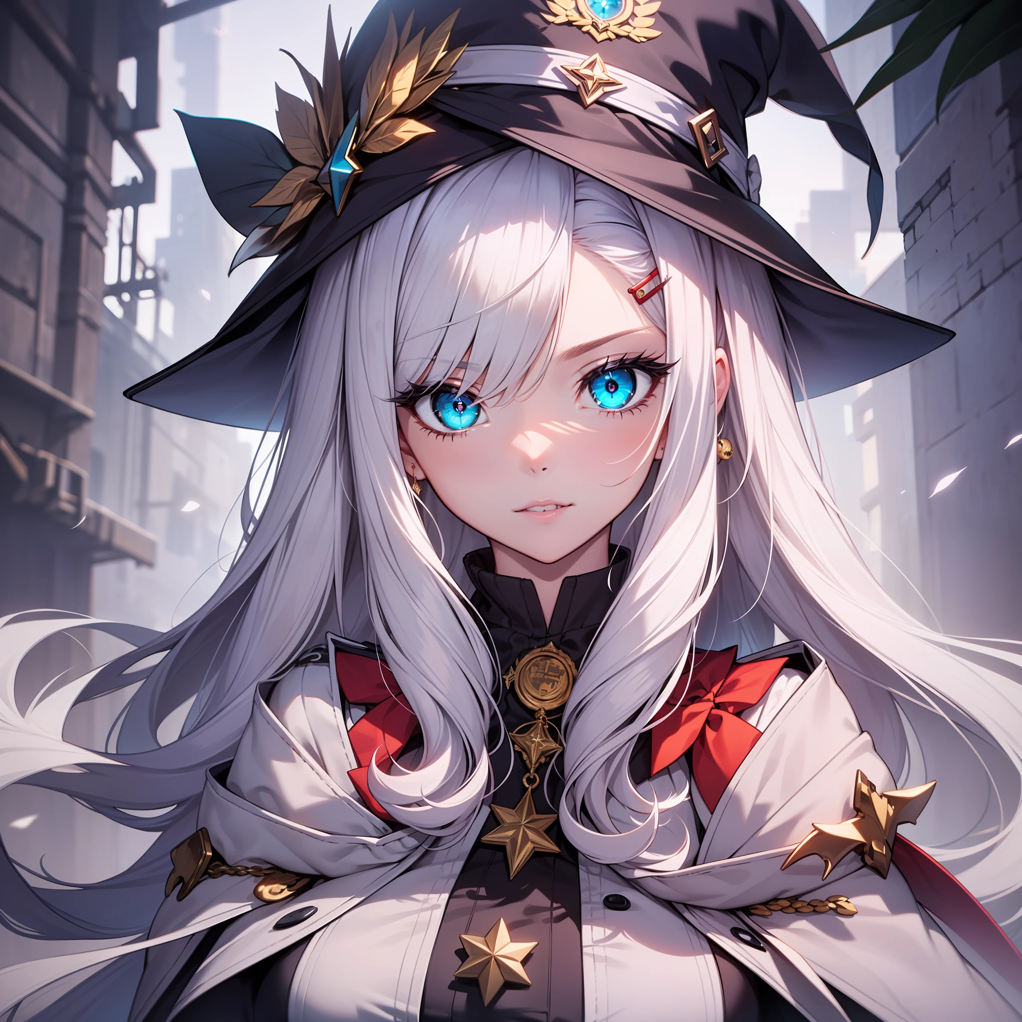 (masterpiece),(best quality),(ultra-detailed),(dynamic pose),(1girl),(red eye:1.3 + blue eye:1.2)With glowing stroke,(golden hairclip:1.2),(badge:1.1),(bowknot),(high resolution),(dark background),(beautiful face)。