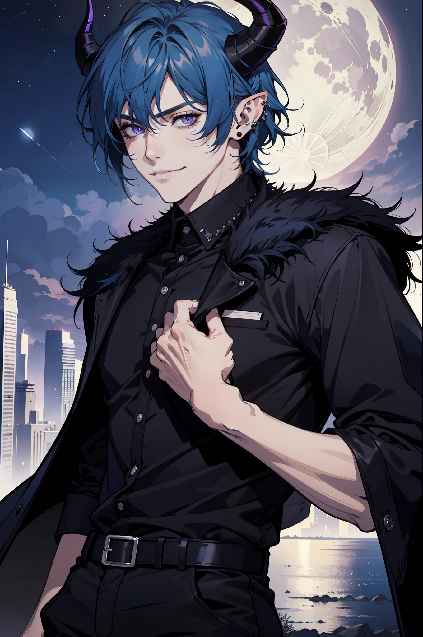 (absurdres, highres, ultra detailed), 1man, 30 years old man, adult man, handsome, tall, finely detailed eyes and detailed face, leather pants, (((black shirt))), night, smile, dutch angle, ((short hair, blue hair)), moon, silver details, gothic, incubus, prince, dark, simple clothes, looking at the view, pale skin, purple detailed eyes, (masculine), sexy, elegant, (((long bangs))), detailed hands, (((purple eyes))), bad boy, (muscles), smirk, ((((horns)))), shirt without buttons, defined muscles, braid, ((angular, masculine face)), elf ears, piercings in ears, ((black furr coat))