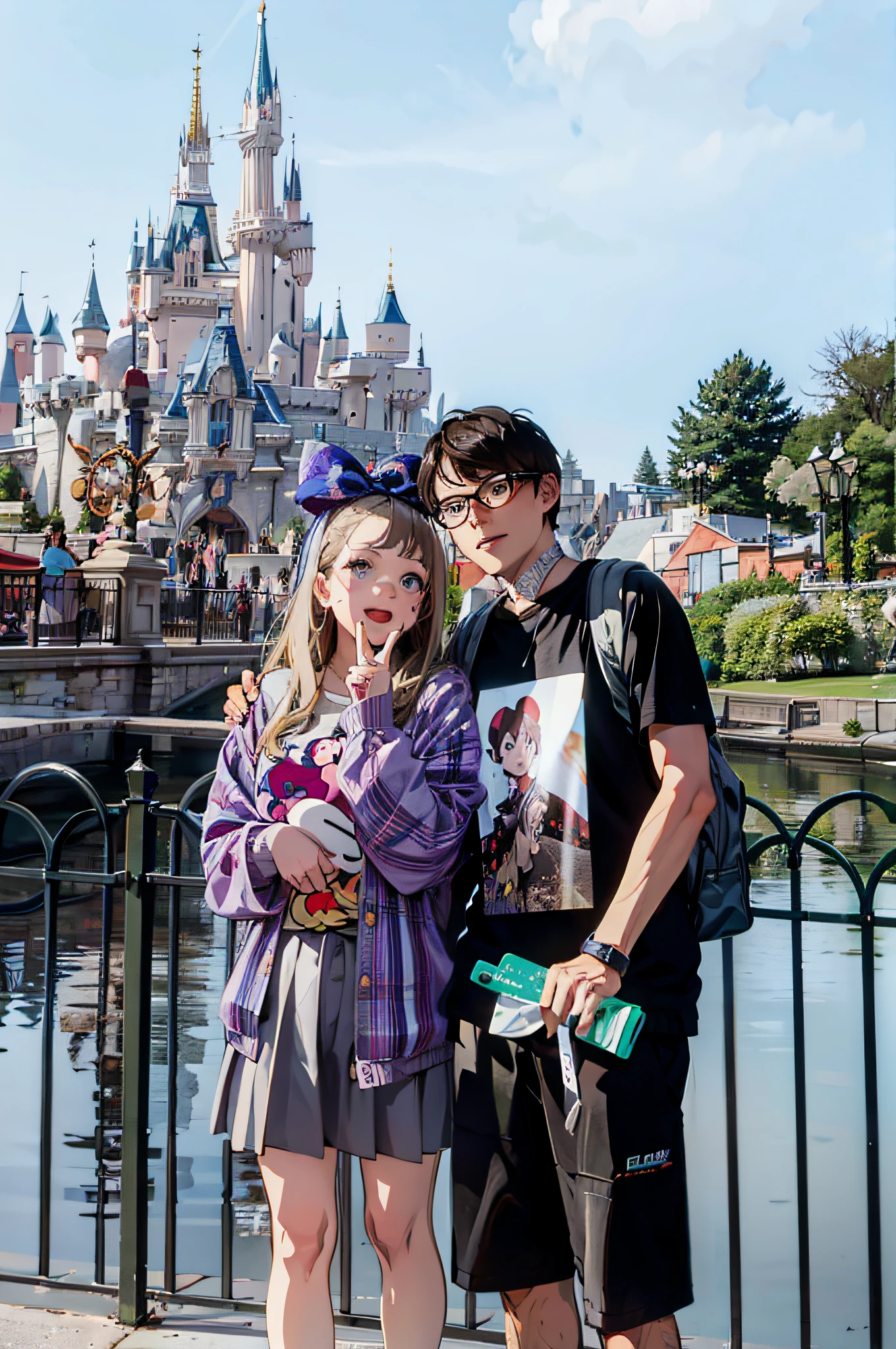girl doing Vgesture,Strong comic book style,detaed,Rough lines,Near the castle,there are two people that are standing next to each other, disney land, cute couple, The background is a castle, The background is Disneyland Castle,