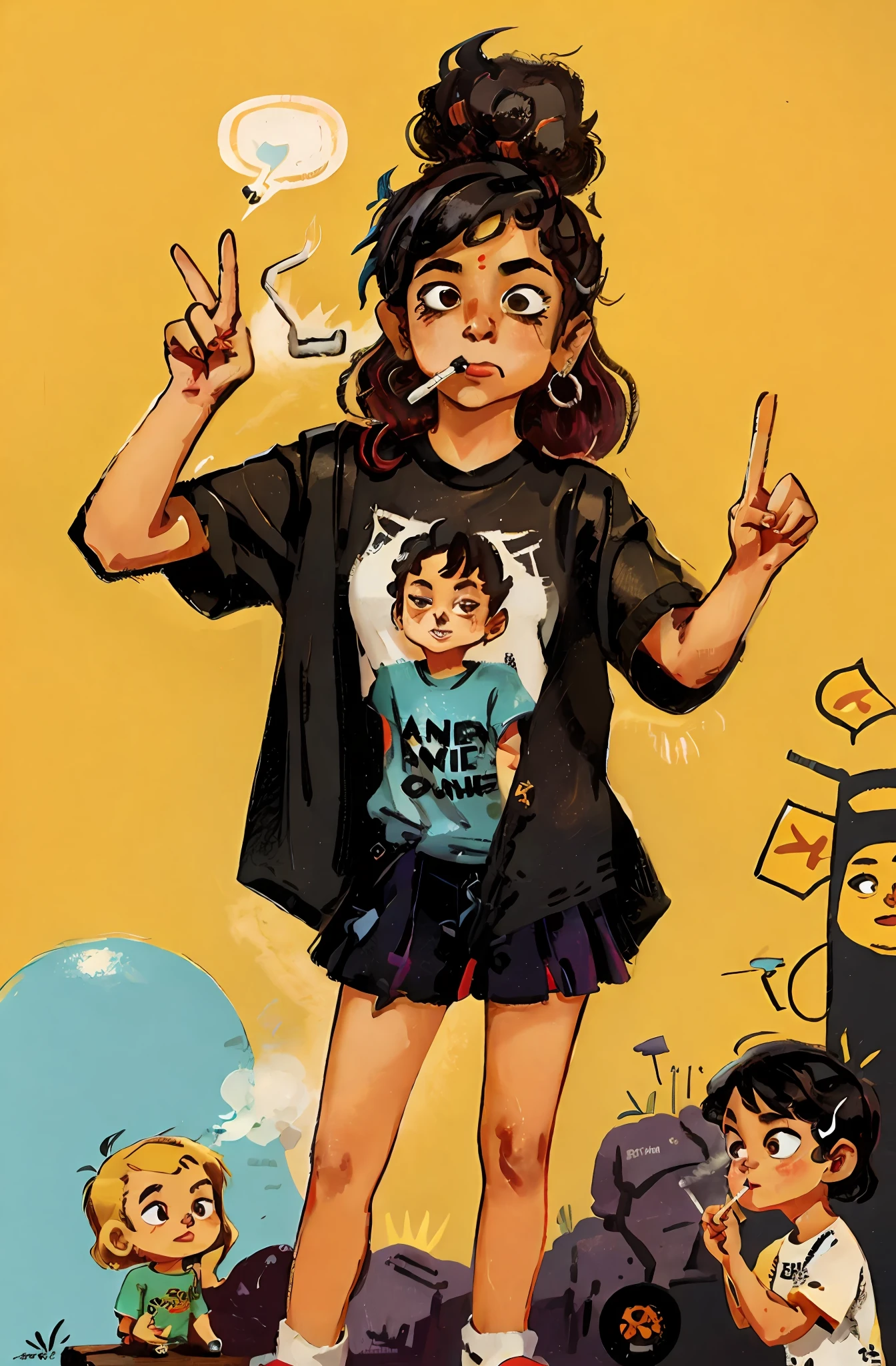 indian girl in tshirt, smoking a cigarette, cool, goth, band tshirt, rock, middle finger towards the camera