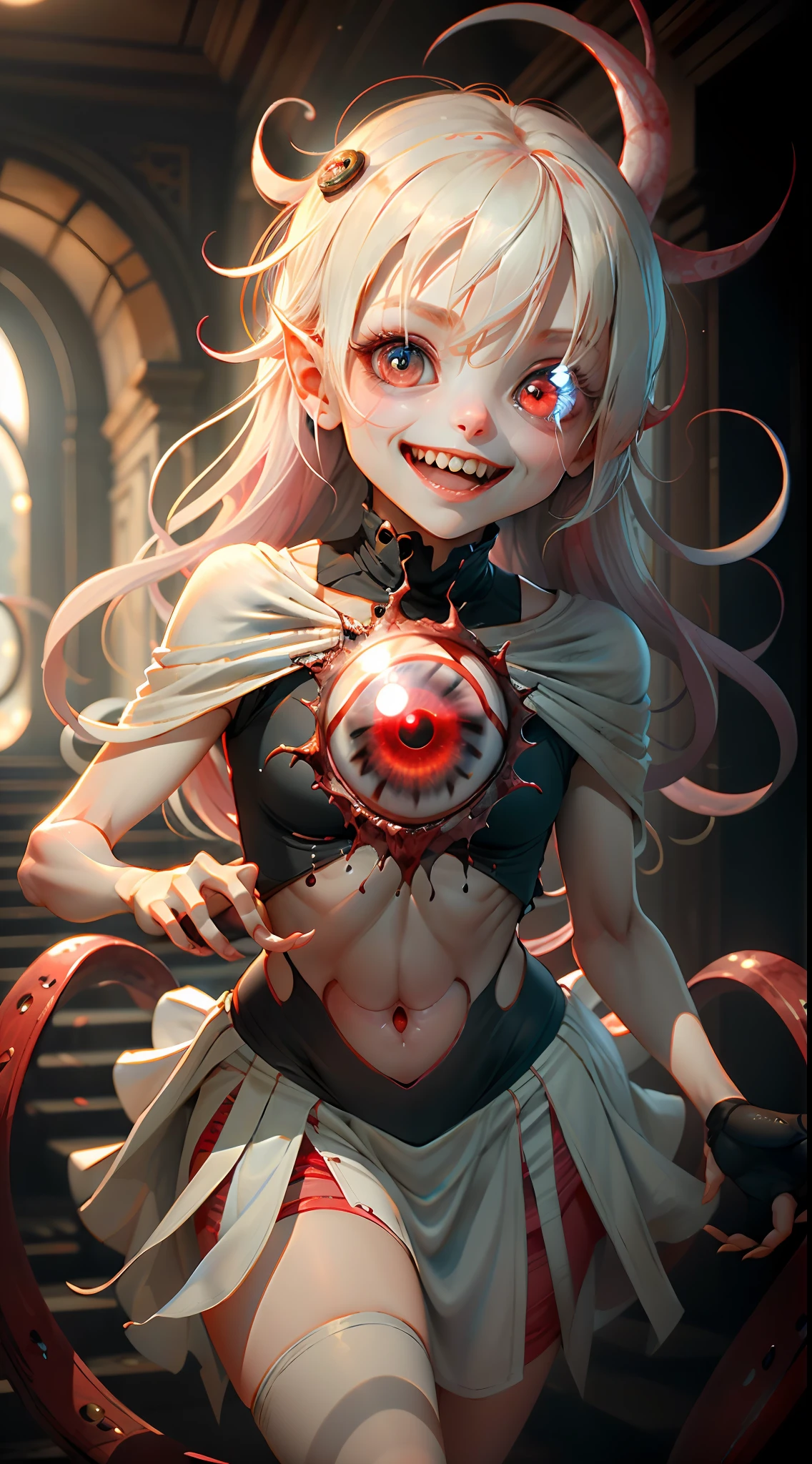 A holding a bulging eye, big smile, wearing a flowing white skirt, dark red eyes tinged with black