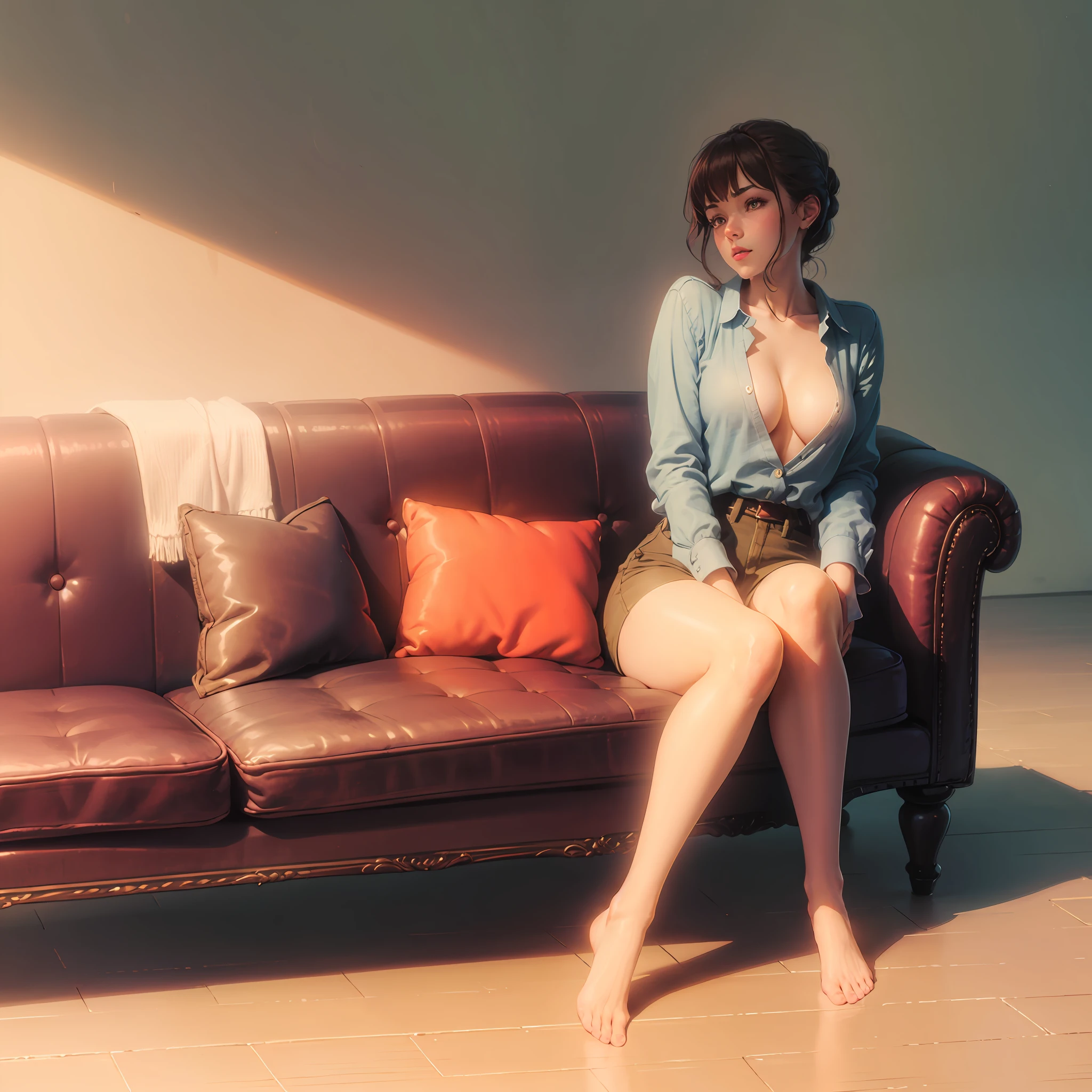 put on tights，Wear tight shorts underneath，Bigchest，sitting in the couch，Spread your legs，Charming face