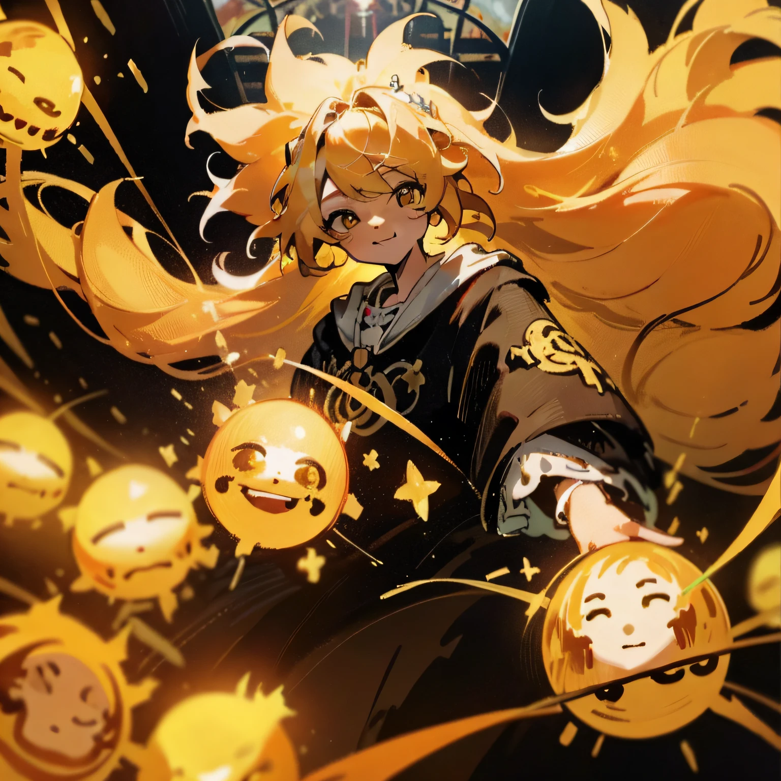 Blonde hair, curtained hair, Messy hair, Floating hair, Expressive hair, Absurdly long hair, Gold eyes，wide-eyed, Light smile, Smile, turn pale, smiley, oil painted, Renaissance, High detail, Sparkle, image fill, Ray tracing, Cinematic lighting, hyper HD, A high resolution, Award-Awarded, High details, Masterpiece, ccurate, Super detail, High quality, Best quality, 8K