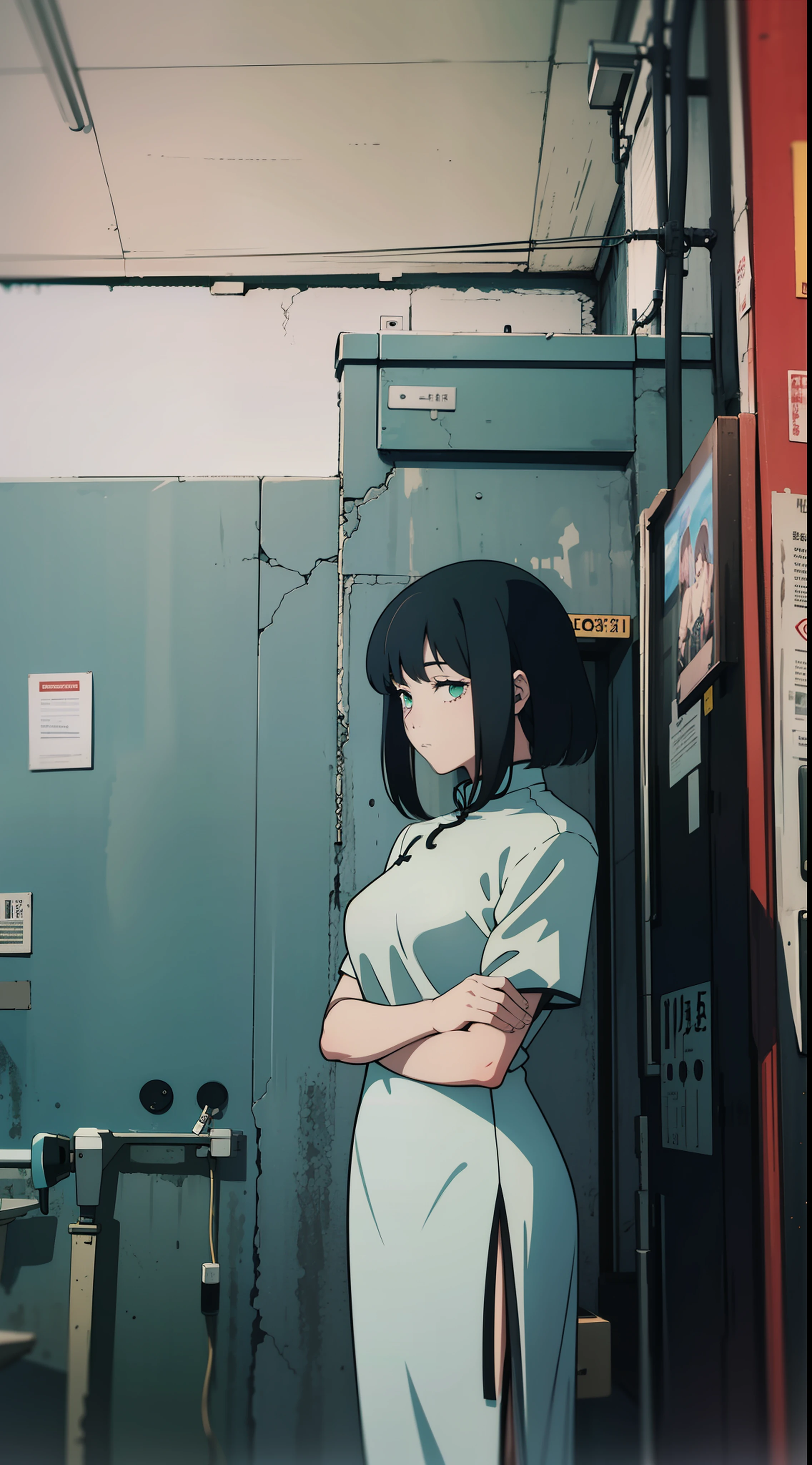 1girll,cabelos preto e longos,Green cheongsam, lofi album art, lofi-girl, lofi girl aesthetic, lofi aesthetics, lofi, Album art, disposable film, , lofi vibes, 35mm color