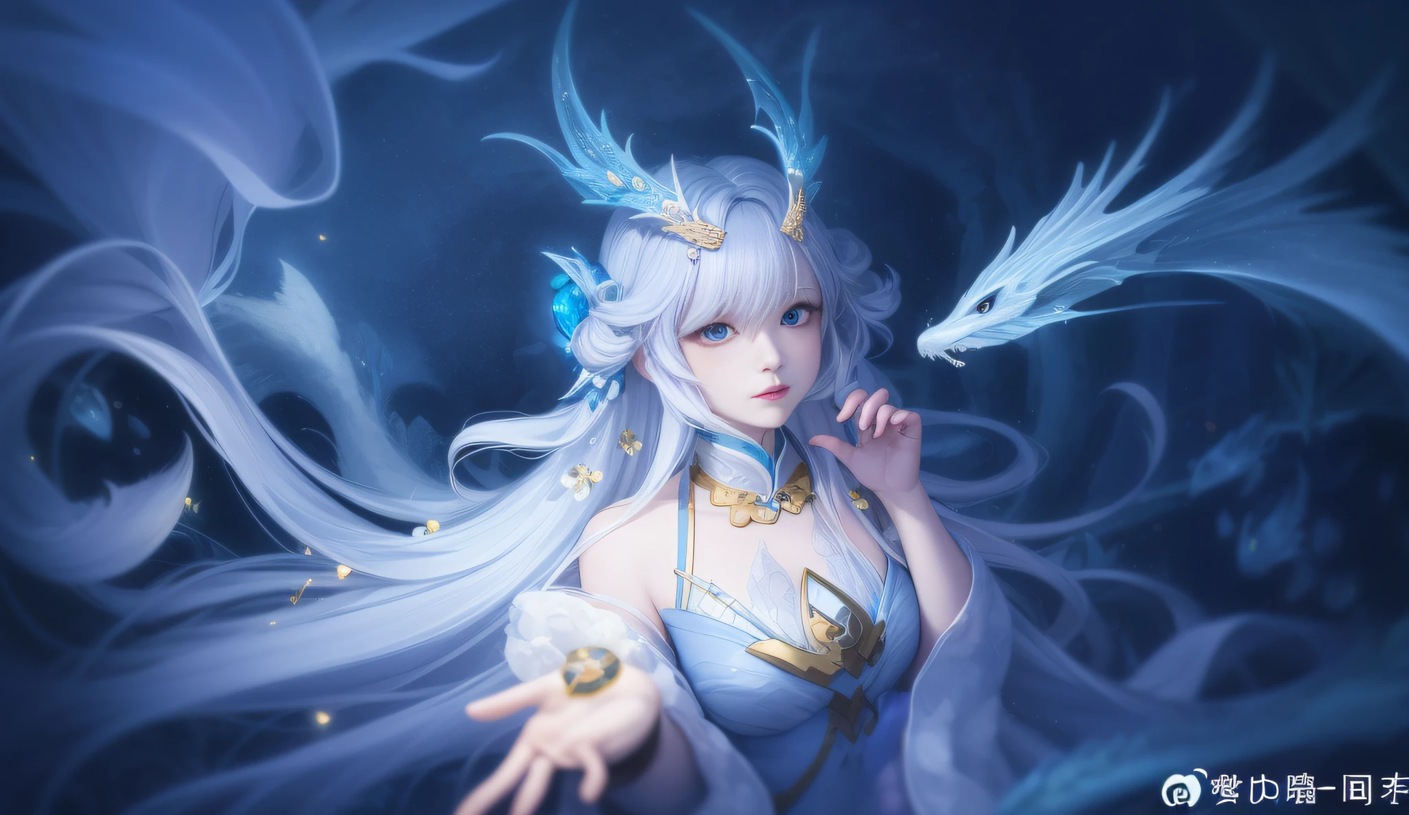 Anime girl with long white hair and blue dress in dark room, white-haired god, Anime fantasy illustration, beautiful fantasy anime, Anime fantasy artwork, closeup fantasy with water magic, Asian Woman Water Elemental, queen of the sea mu yanling, xianxia fantasy, Beautiful celestial mage, Portrait Chevaliers du Zodiaque Fille, ((a beautiful fantasy empress)), Fantasy art style