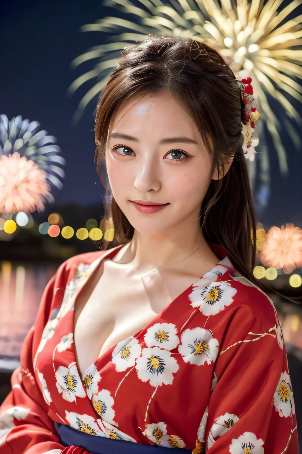 ((Masterpiece, highest quality, super definition, high definition)), solo, beautiful girl, shining eyes, perfect eyes, beautiful sister of Japan, fluffy chest, cleavage, yukata with red floral pattern, fireworks in the background