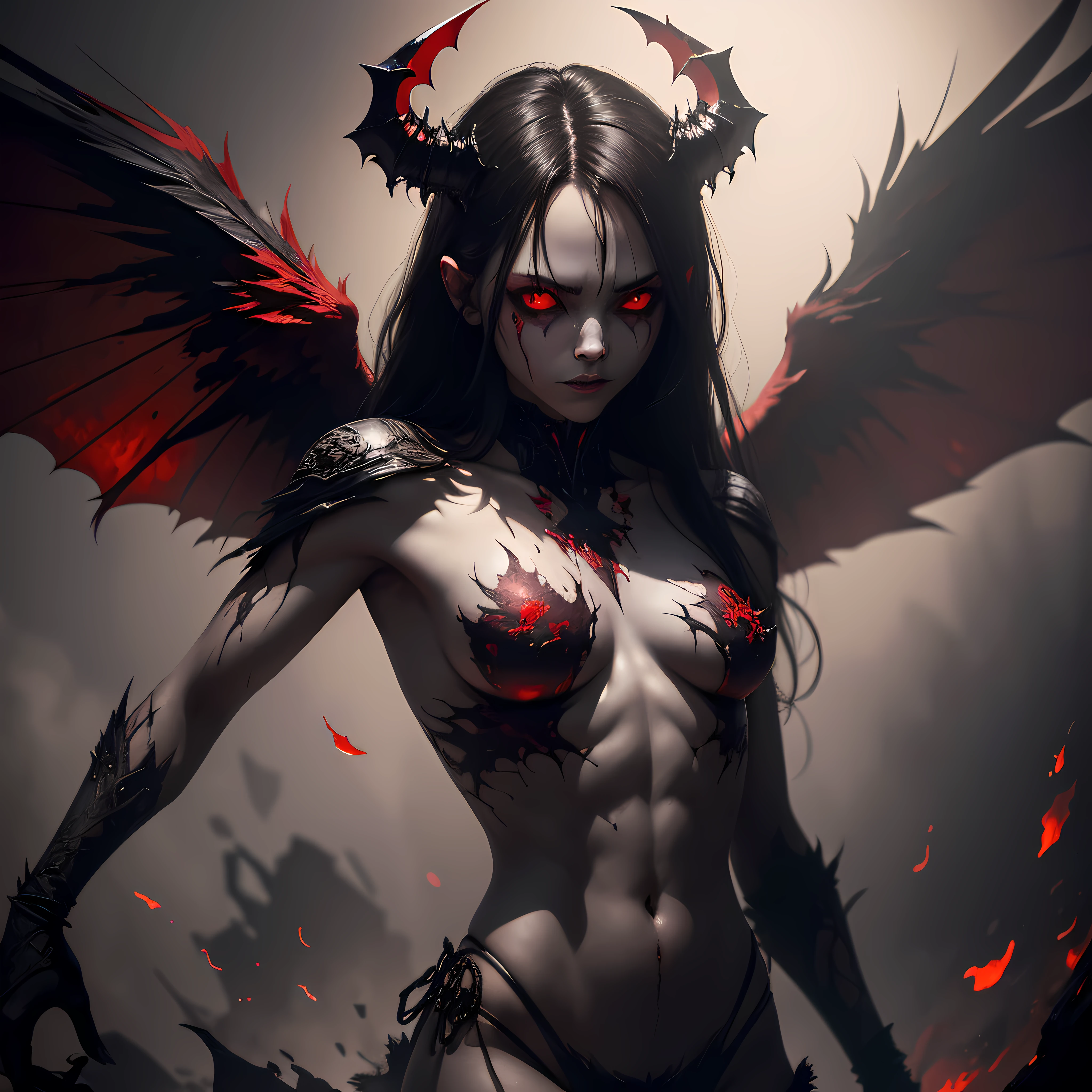 "Generate an image of a (demon) with (tattered wings). They should embody a (sinister) look with (fiery red eyes). The image should be a (high contrast) picture under (low light, shadowy) conditions. The picture should have a (hyperrealistic) level of realism and (high res) resolution, ensuring overall (macabre) quality." --auto