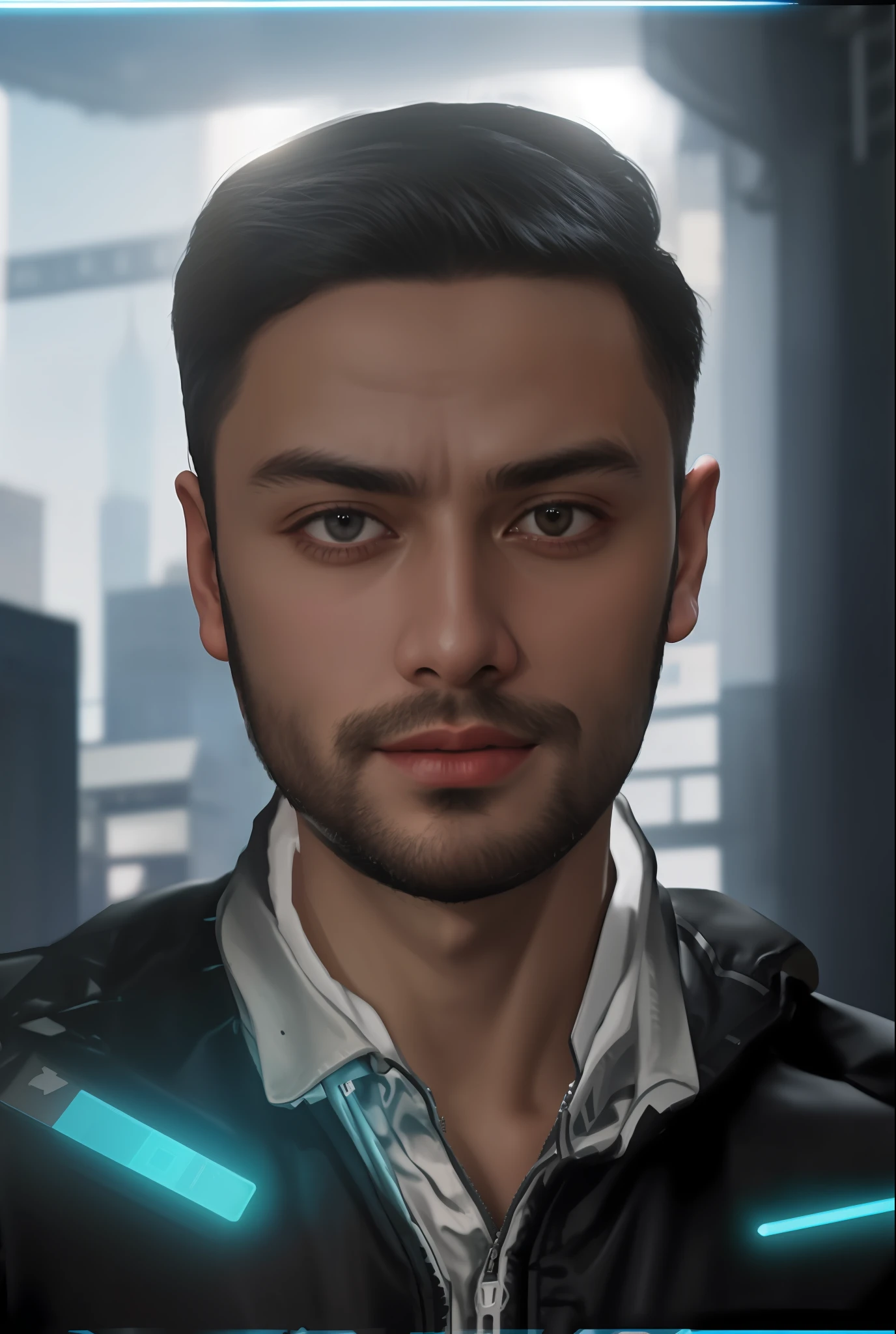 (highly detailed and ultra-realistic CG image) of a handsome cyberpunk boy wearing a jacket, in the background of London. The picture should have high graphics quality, depicting the exciting atmosphere of the city and the boy's rugged and futuristic appearance.