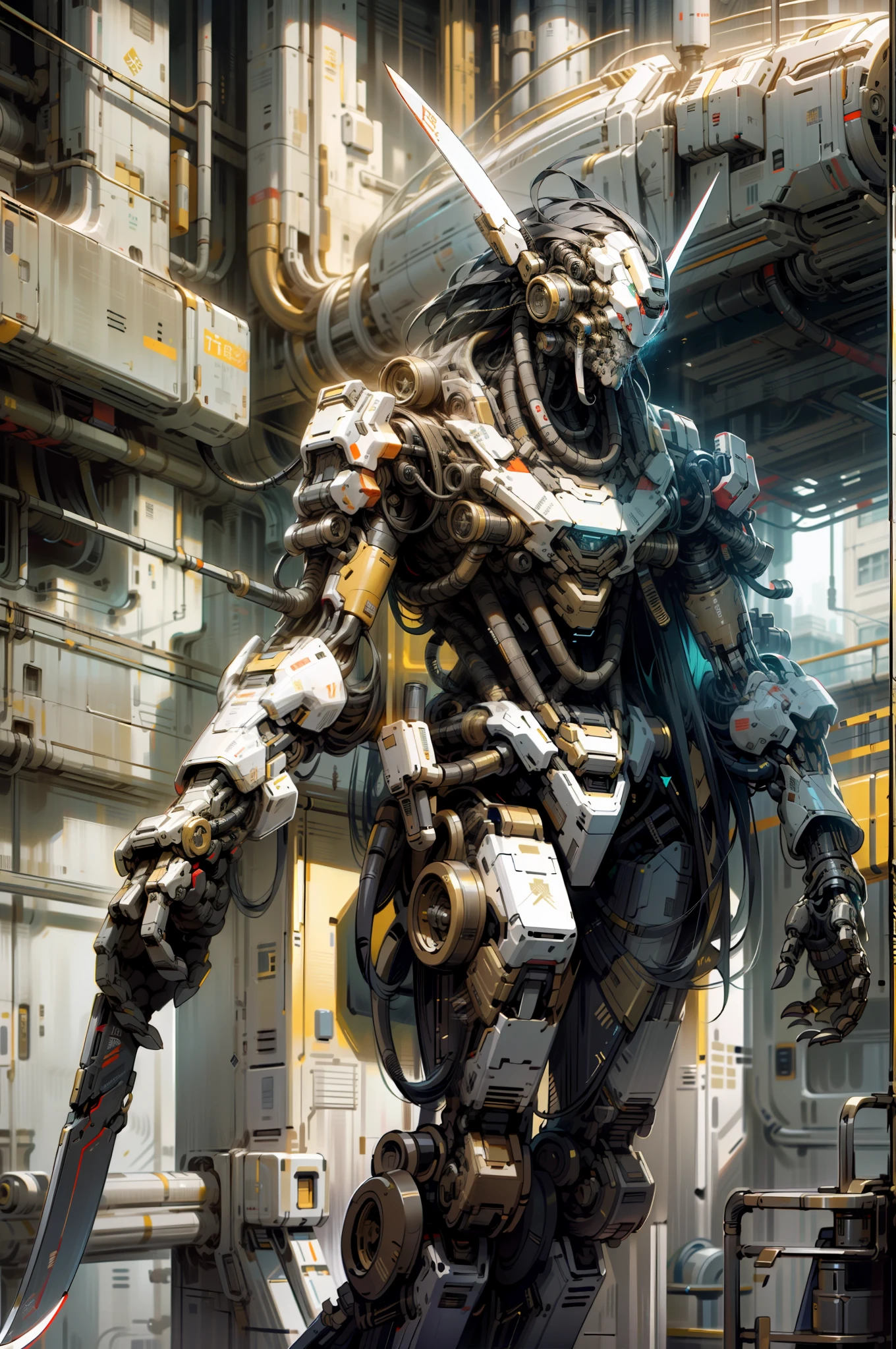 (high high quality+High definition)Future tech aesthetics:1.8,Black and gold color scheme:1.2,Detailed mechanics and thrilling robots,Stroll through the magnificent futuristic city。Robot black and red,Future city landmark cyberpunk style two-meter long knife