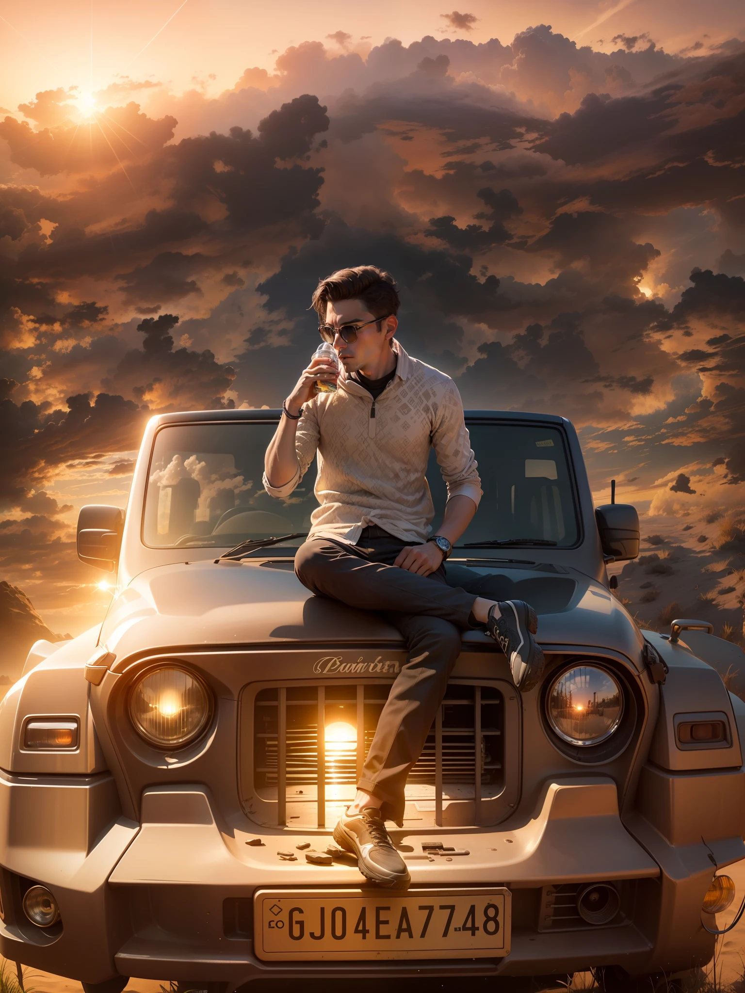 Change this bottle background to a dune, sunset, professional product photography Boys post 8k