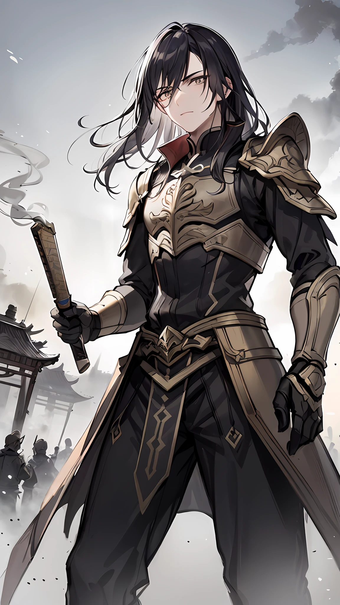 1 man,Gorgeous armor soldier equipment,The face is delicate,Gray pupils,Ancient Chinese Battlefield,Ancient battlefield fighting background,Holding an ancient Chinese knife,Hand detail,Kill to impress the scene,irate,ventania,smoke of gunpowder,motionblur,A half body,Bright overall,tmasterpiece,best qualtiy,32K