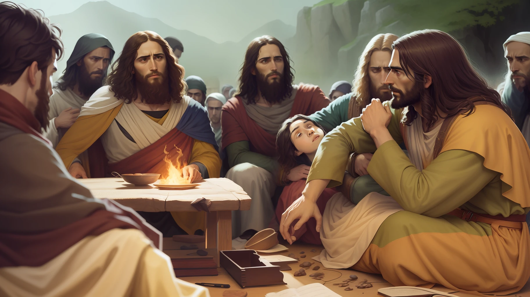 Jesus in the midst of the disciples, bible illustration, epic biblical representation, imagem super realista, cinematic lighthing, beautiful depiction, Realistic, 4k, HDR