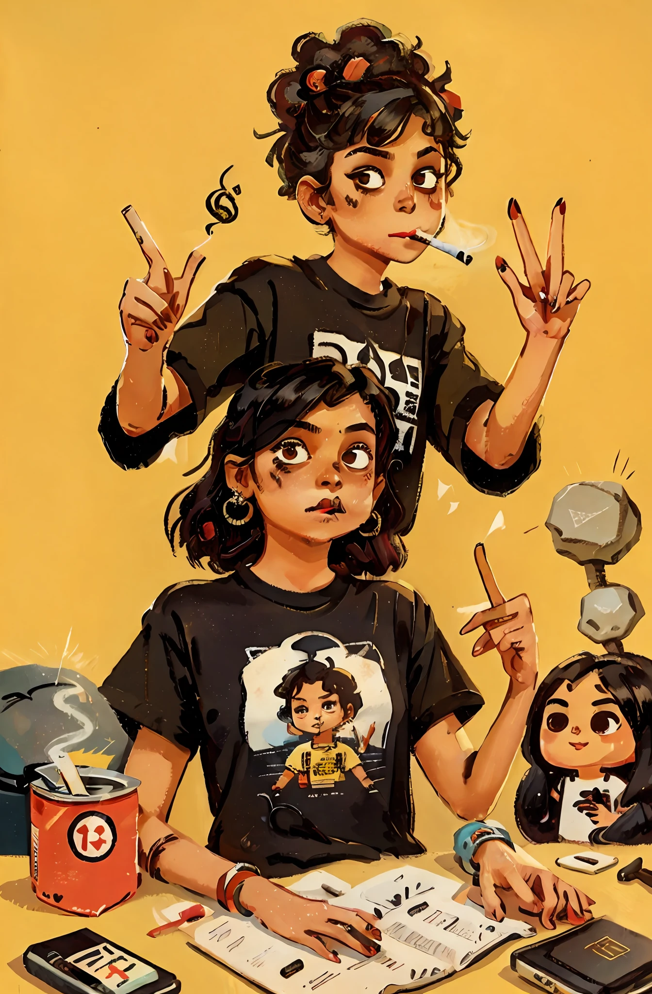 indian girl in tshirt, smoking a cigarette, cool, goth, band tshirt, rock, she is showing middle finger towards the viewer