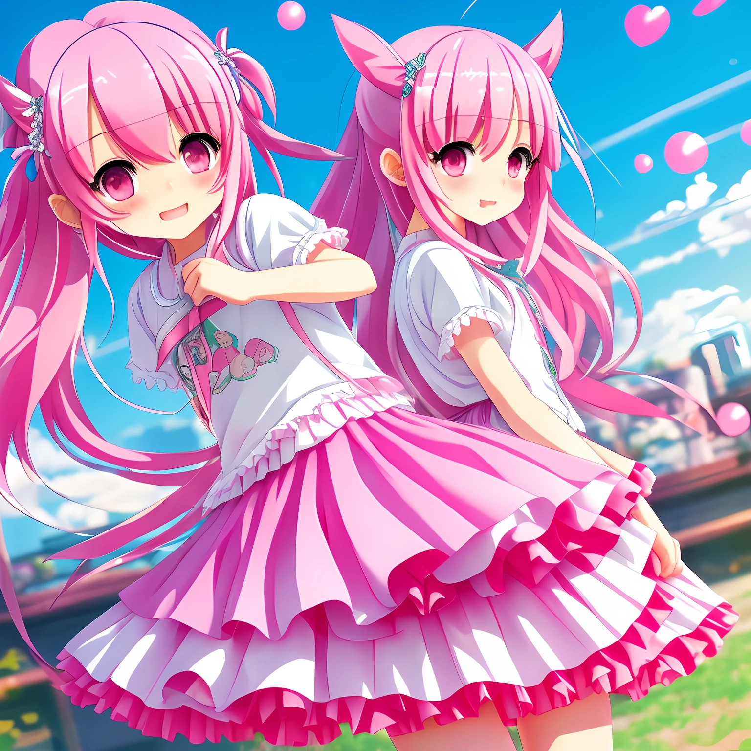(Fresh style,2D painting,A pink-haired,Moe ,Heterogeneous pupil kawaii,Cheerful and happy,Cute whole body,Tail wagging from side to side,Beautiful ruffled skirt)