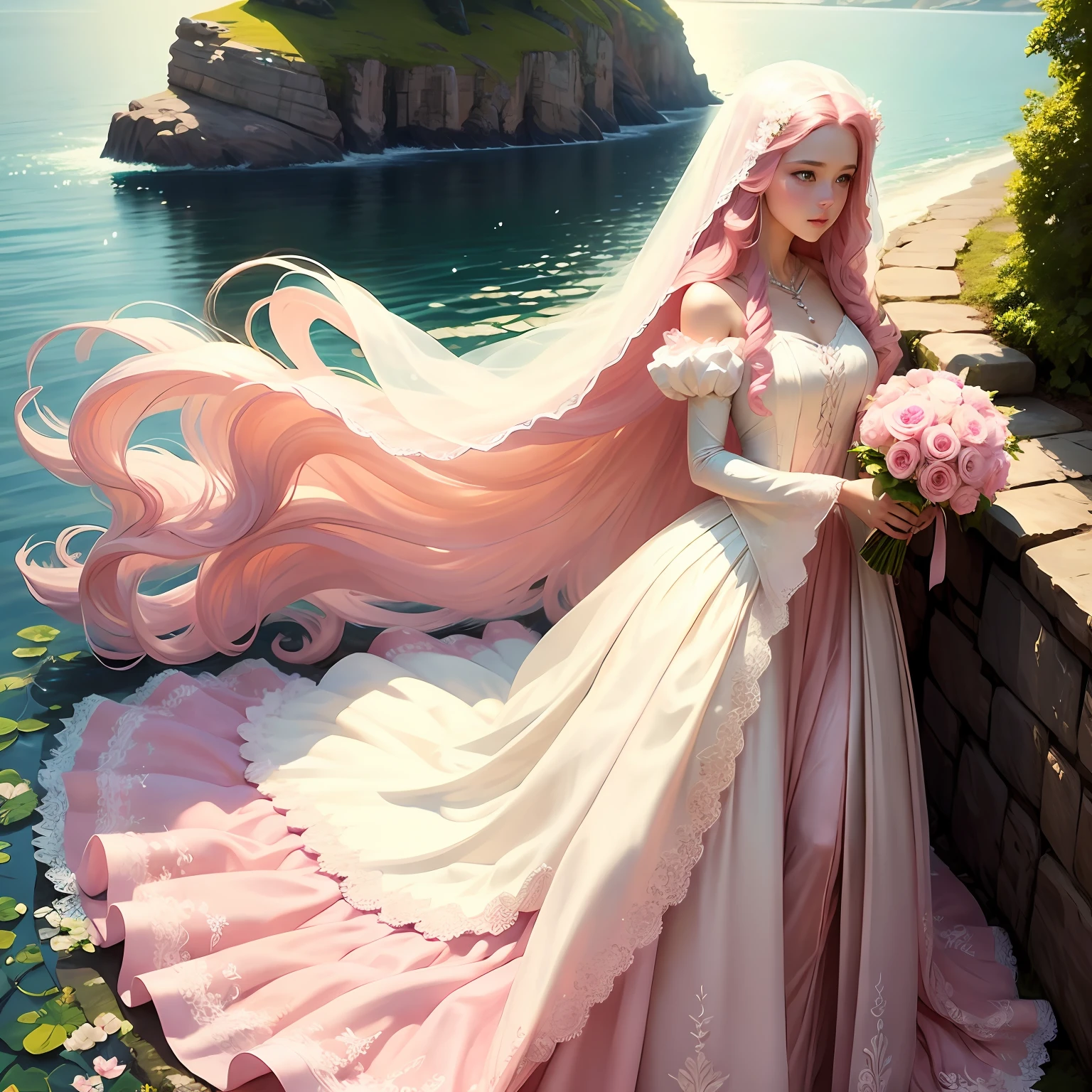 Pink wedding dress，Beautuful Women，first love，long whitr hair，rays of sunshine，flower  sea --auto