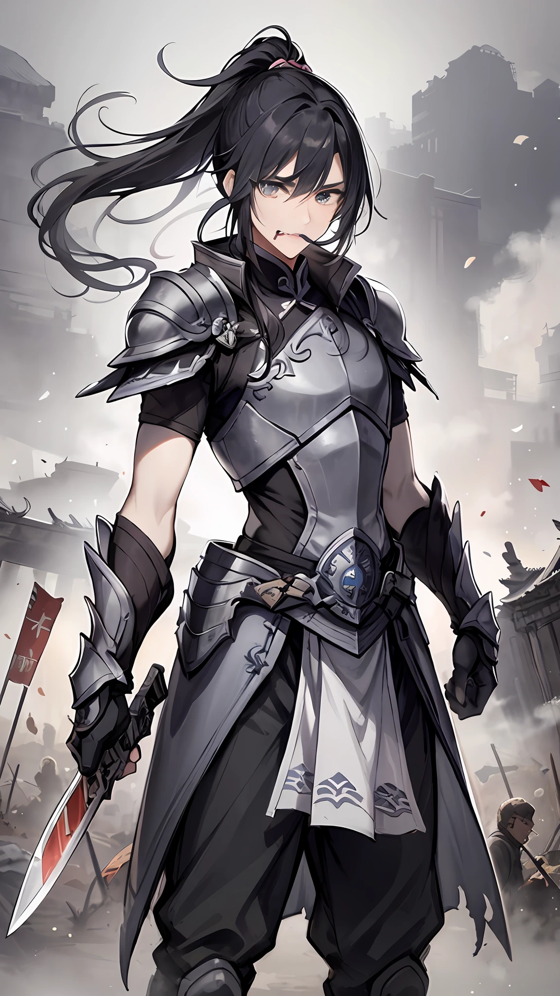 1 man，Gorgeous armor soldier equipment，The face is delicate，Gray pupils，Ancient Chinese Battlefield，Ancient battlefield fighting background，Holding an ancient Chinese knife，Hand detail，Kill to impress the scene，irate，ventania，smoke of gunpowder，motionblur,A half body，Bright overall，tmasterpiece，best qualtiy，32K