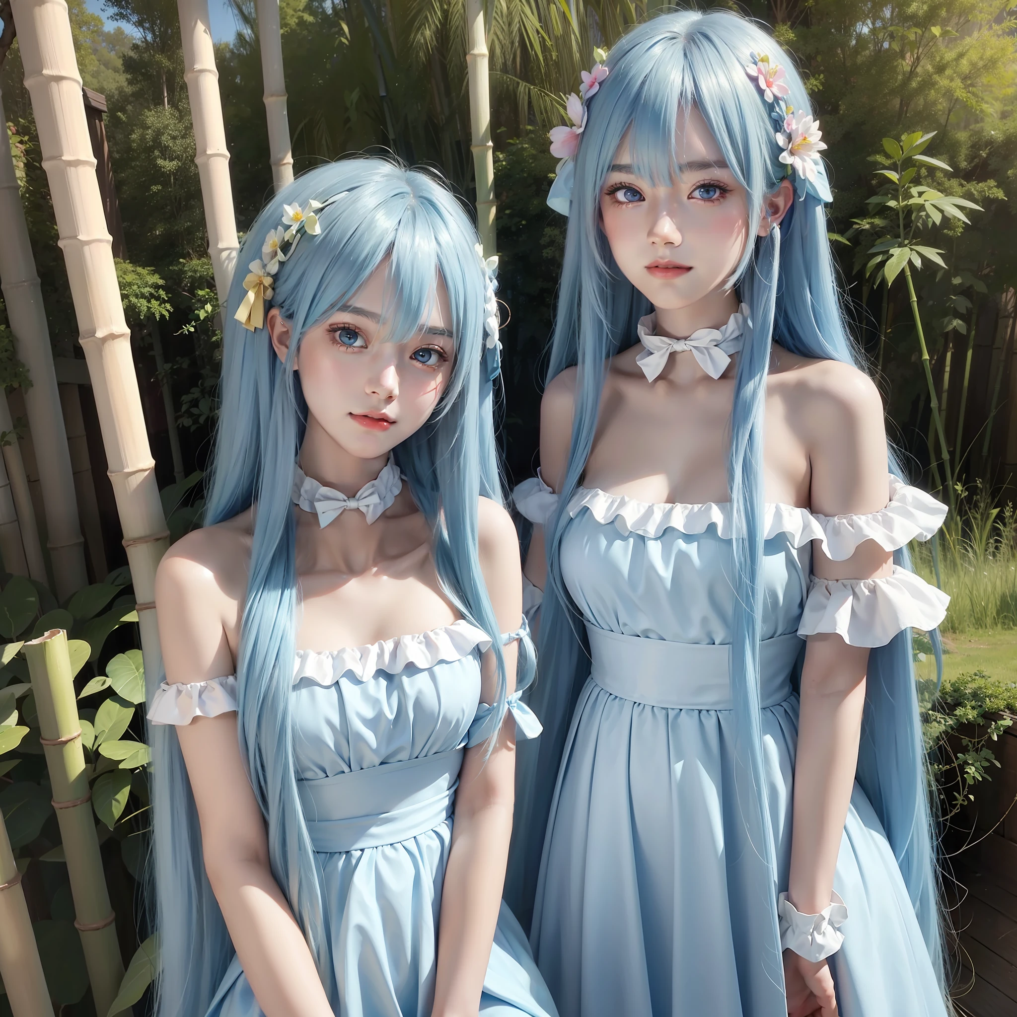Masterpiece, best quality, official art, 8k wallpaper, highly detailed, illustration, 1 girl, sky blue hair, long hair, detailed eyes, Forrest Gump, bare shoulders, hanfu, lake, pure, soft smile, bamboo, tea