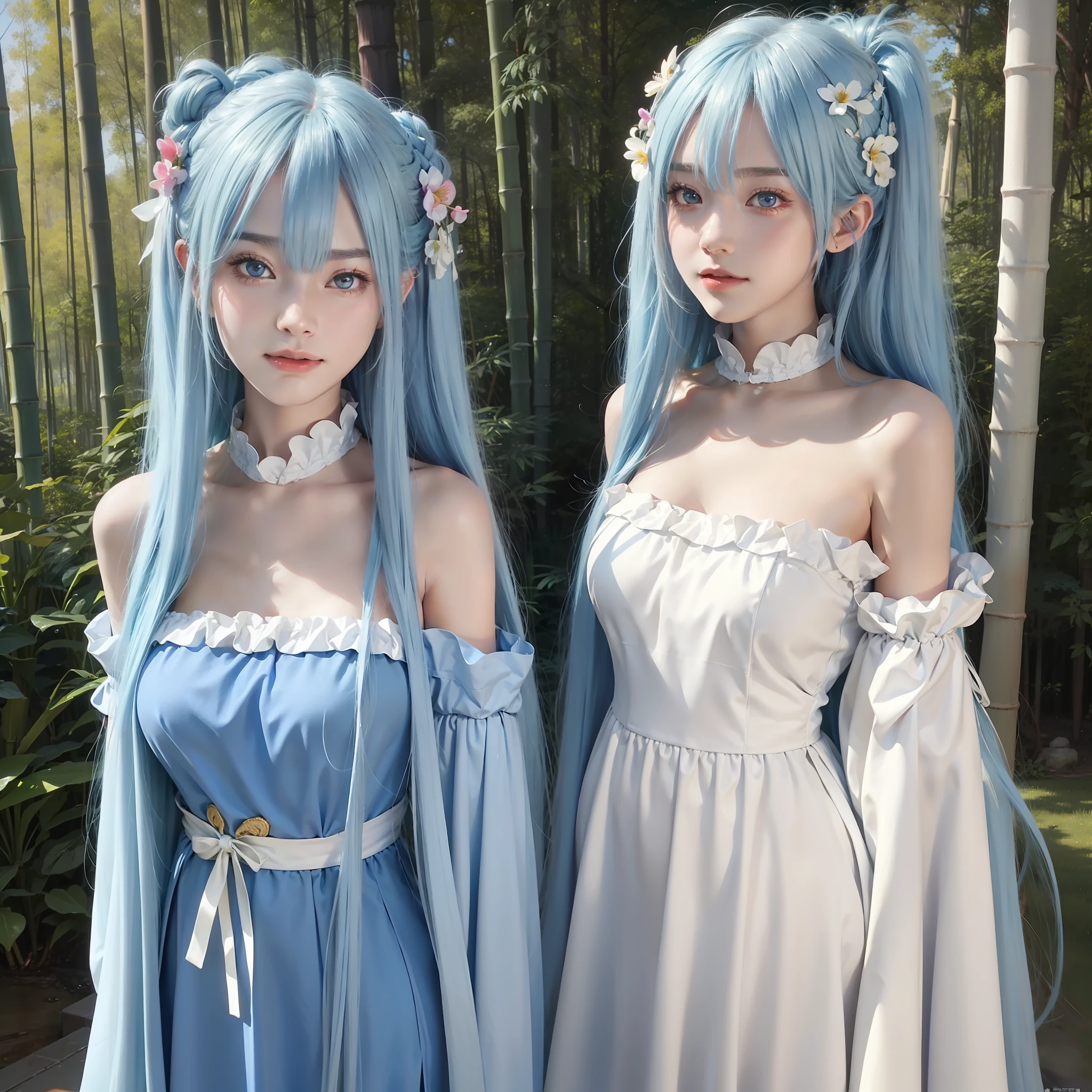 Masterpiece, best quality, official art, 8k wallpaper, highly detailed, illustration, 1 girl, sky blue hair, long hair, detailed eyes, Forrest Gump, bare shoulders, hanfu, lake, pure, soft smile, bamboo, tea