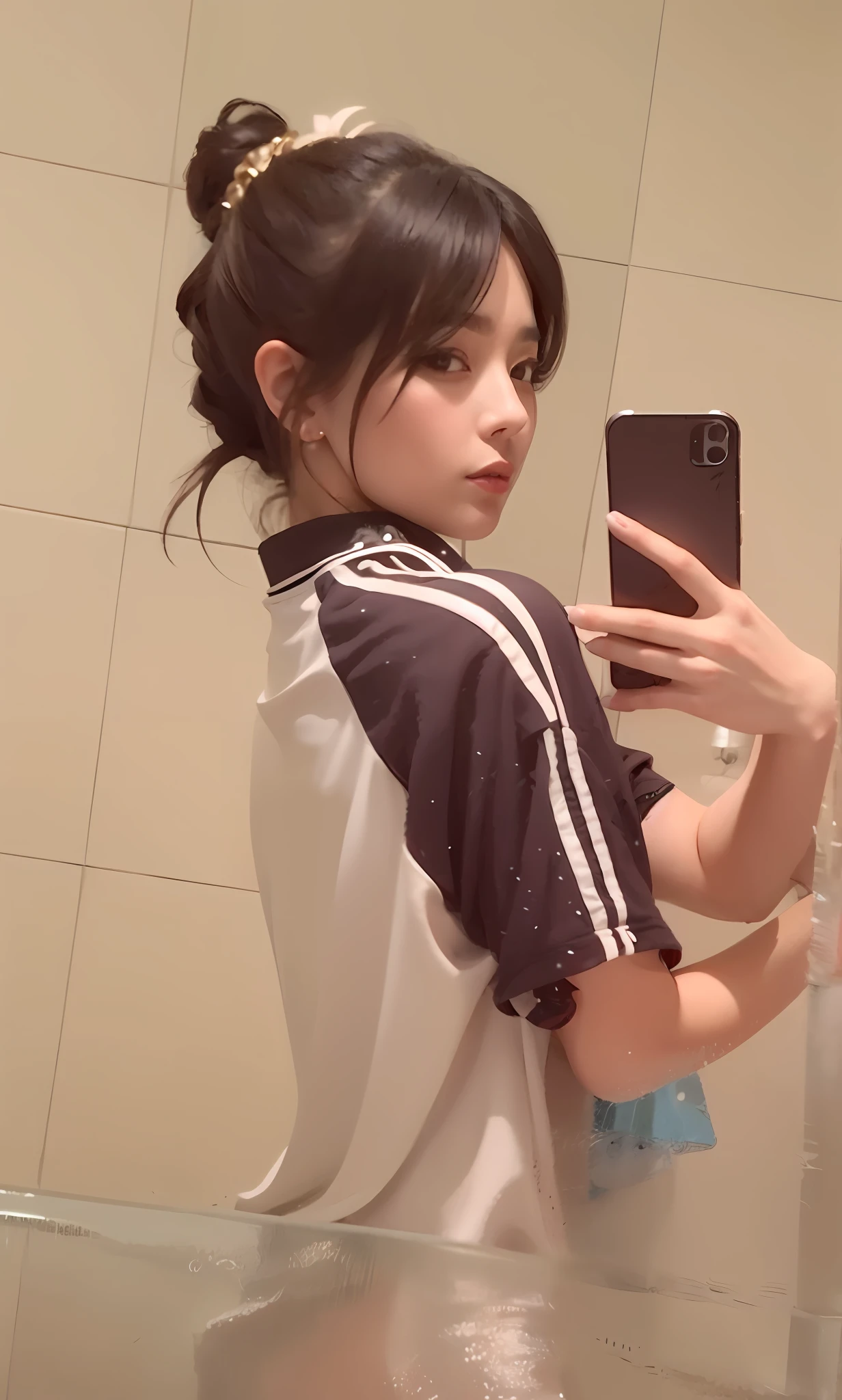 there is a woman that is taking a selfie in a mirror, ulzzangs,, 8k selfie photograph, Profile image, leaked image, leaked photo, personal profile picture, wearing white clothes, Very, very high quality pictures, selfie of a young woman, dilraba dilmurat, Slim woman