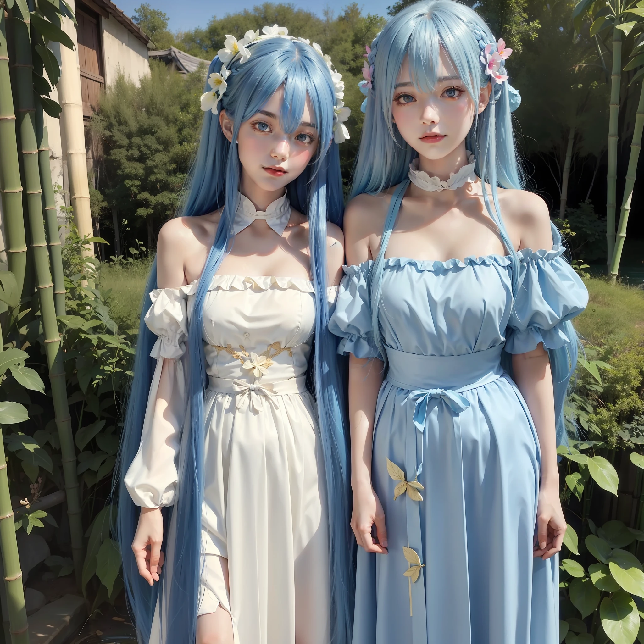 Masterpiece, best quality, official art, 8k wallpaper, highly detailed, illustration, 1 girl, sky blue hair, long hair, detailed eyes, Forrest Gump, bare shoulders, hanfu, lake, pure, soft smile, bamboo, tea