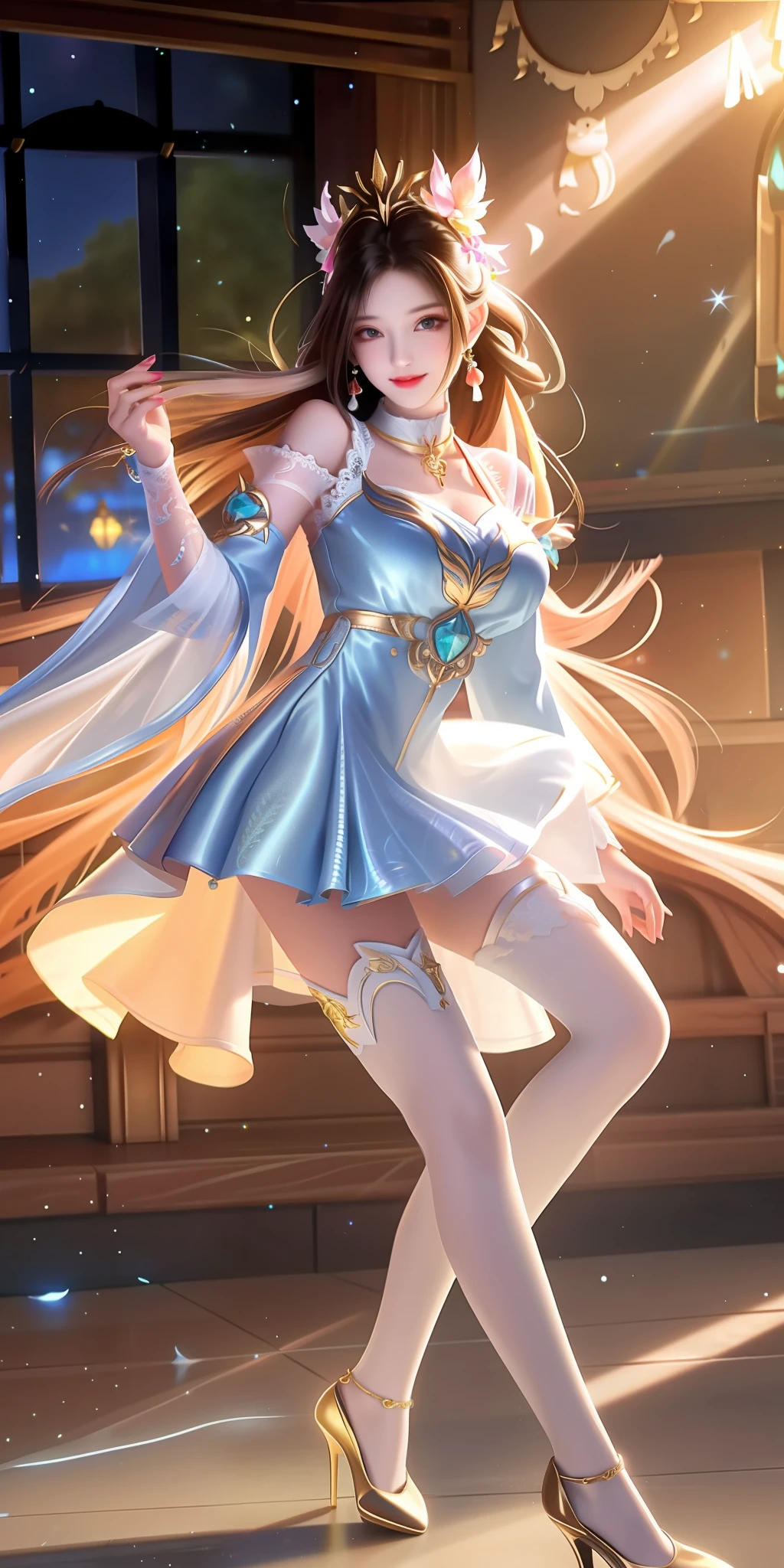 Best quality at best,tmasterpiece,A high resolution,1girl,Transparent silk porcelain dress,beautiful face,hair adornments,looking at viewert,ssmile,closing the mouth,cparted lips,shift dresses,hair adornments,choker necklace,jewely,long whitr hair,耳Nipple Ring,beautiful face,upon body,dingdall effect,真实感,dark studio,edge lit,twotonelighting,(highdetailskin:1.2),8k uhd,digital SLR camera,softlighting,high qulity,Volumetriclighting,sneak shot,photore,A high resolution,4k,8k,Background bokeh,high-heels,The sword