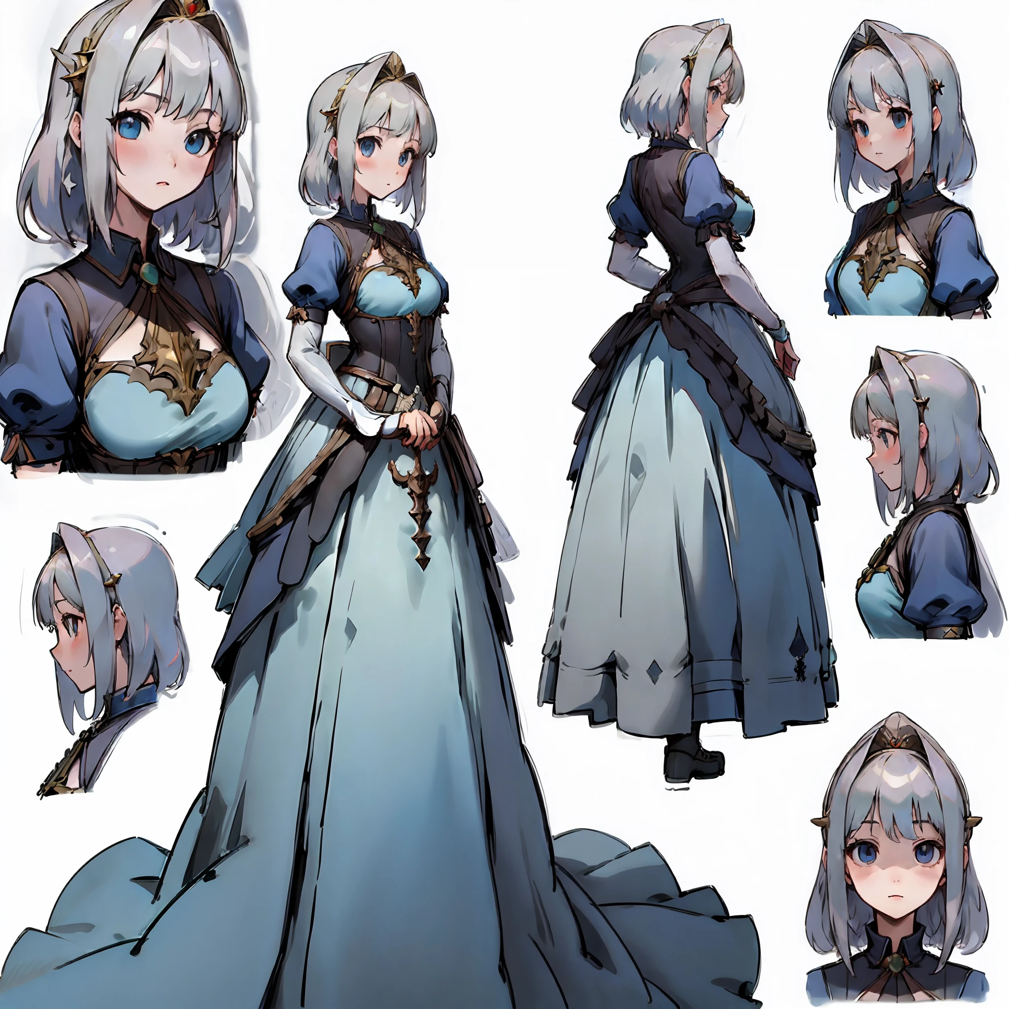 ((masterpiece)),(((best quality))),(character design sheet,Same role,frontage,Lateral face,on back),illustration,1个Giant Breast Girl,blond hairbl,Princess cut,Hair on the eyes,pretty eyes,The environment changes,Pose Zi too,Gorgeous princess dress,magia,charturnbetalora,(simplebackground,white backgrounid:1.3)