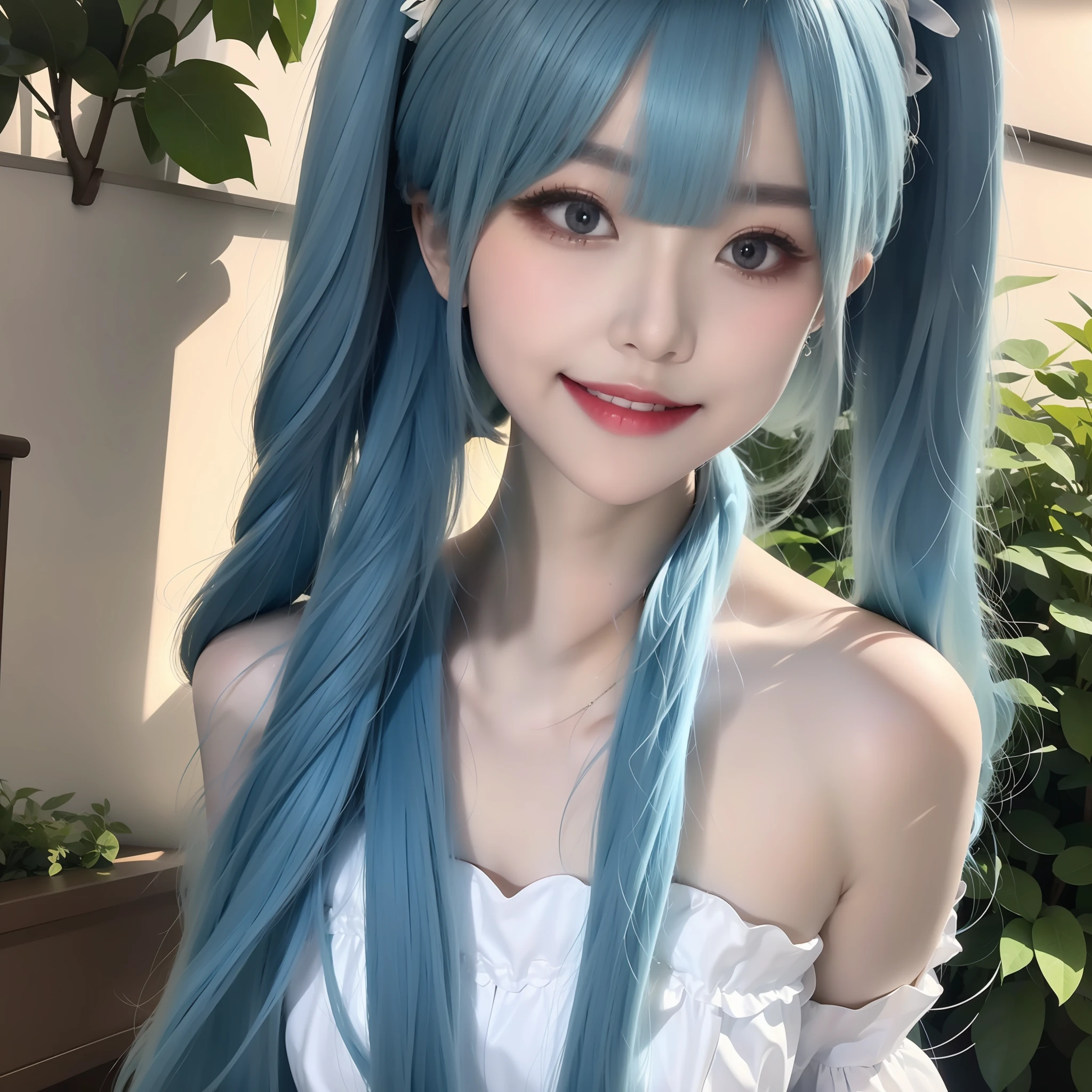 tmasterpiece，best qualtiy，8k wallpaper，highly  detailed，The painting style is gentle，long azure hair，Forrest gump，Hanfu，lakes，bamboos，ssmile，bare shoulders​，ellegance。