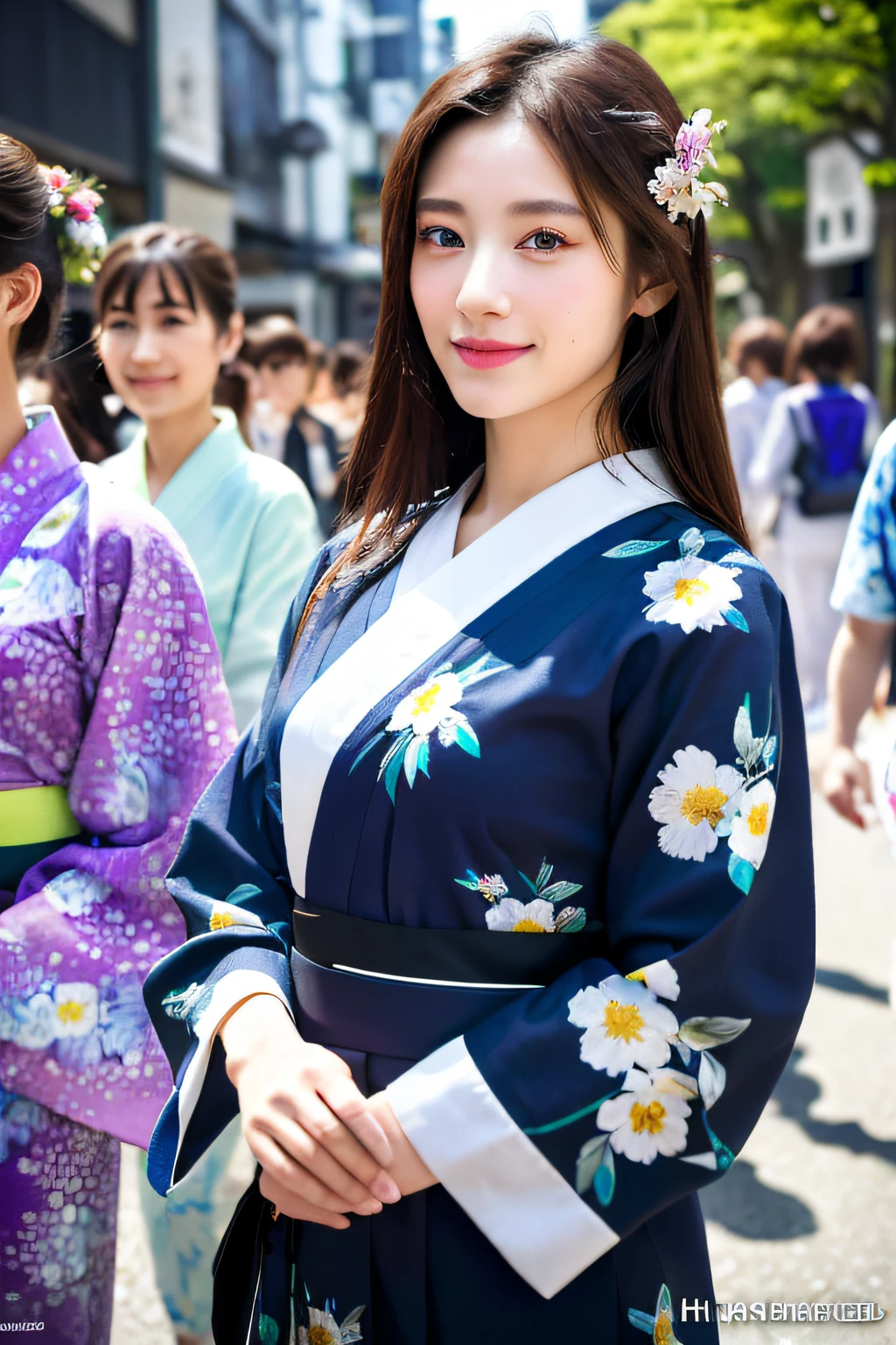 ((masterpiece、top-quality、ultra-definition、hight resolution))、独奏、a beauty girl、radiant eyes、perfect eyes、Japan's beautiful sister、Floral yukata、matsuri、In the street