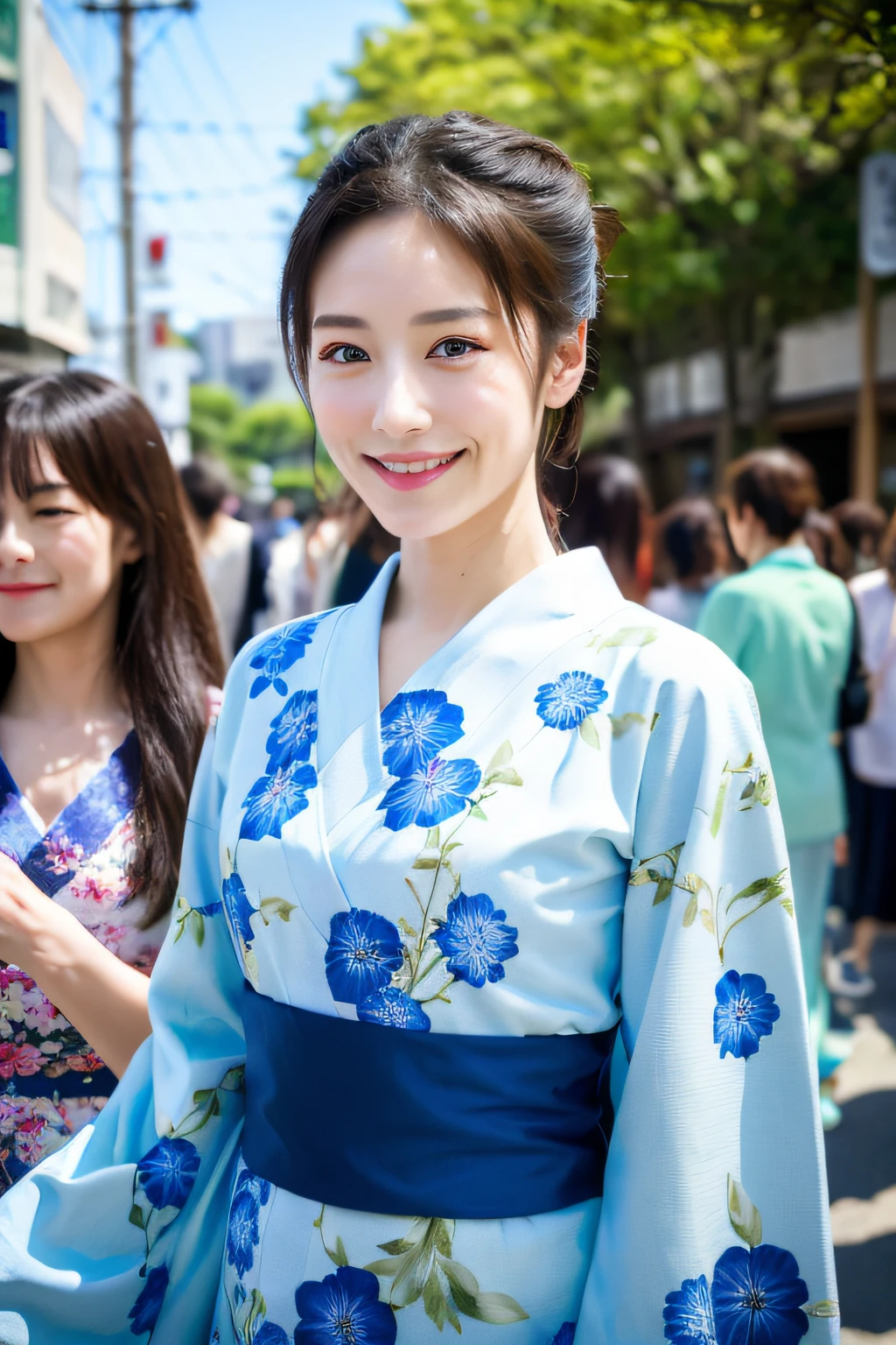 ((​masterpiece、top-quality、ultra-definition、hight resolution))、独奏、a beauty girl、radiant eyes、perfect  eyes、Japan's beautiful sister、Floral yukata、matsuri、In the street