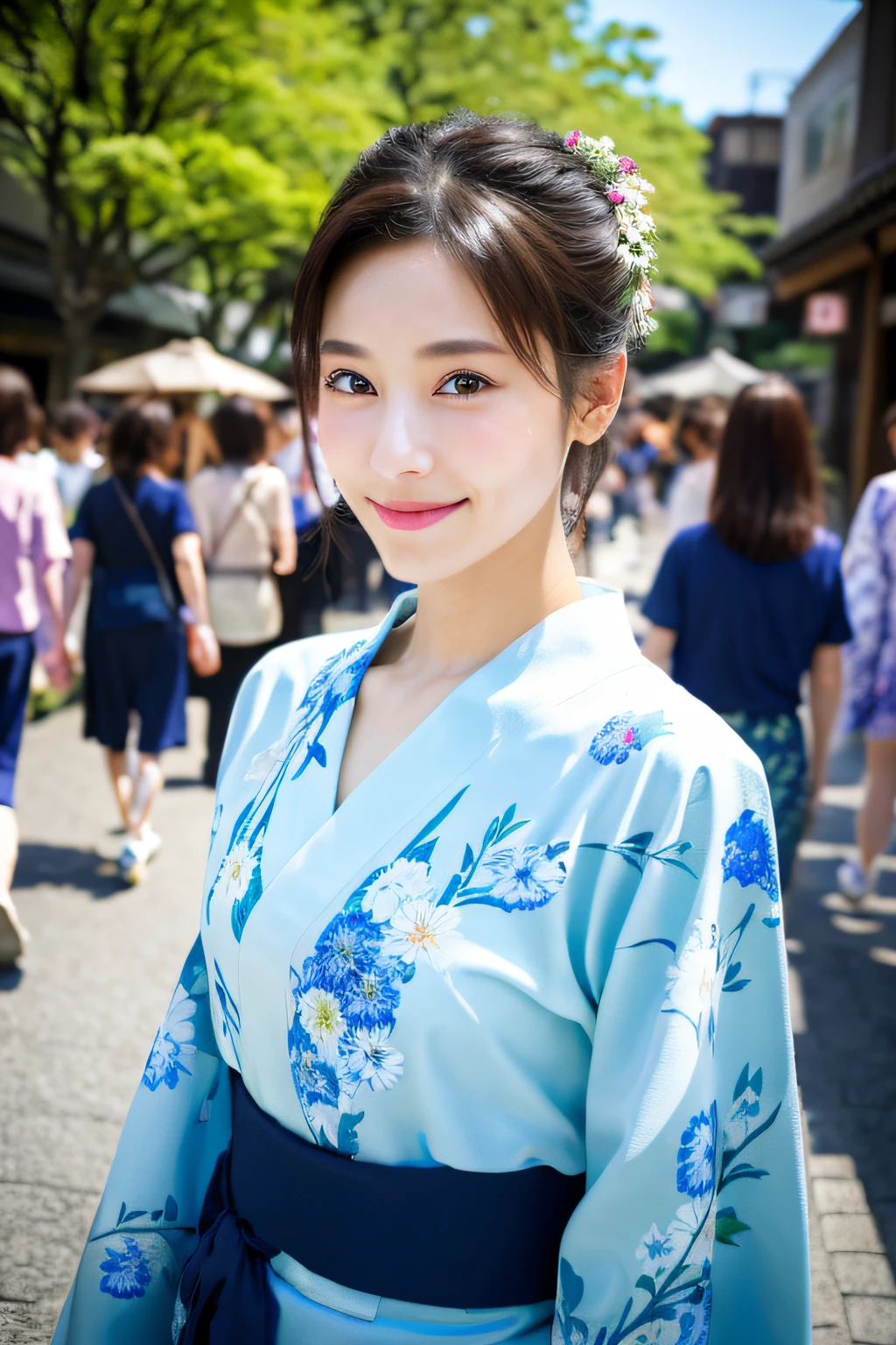 ((masterpiece、top-quality、ultra-definition、hight resolution))、独奏、a beauty girl、radiant eyes、perfect eyes、Japan's beautiful sister、Floral yukata、matsuri、In the street