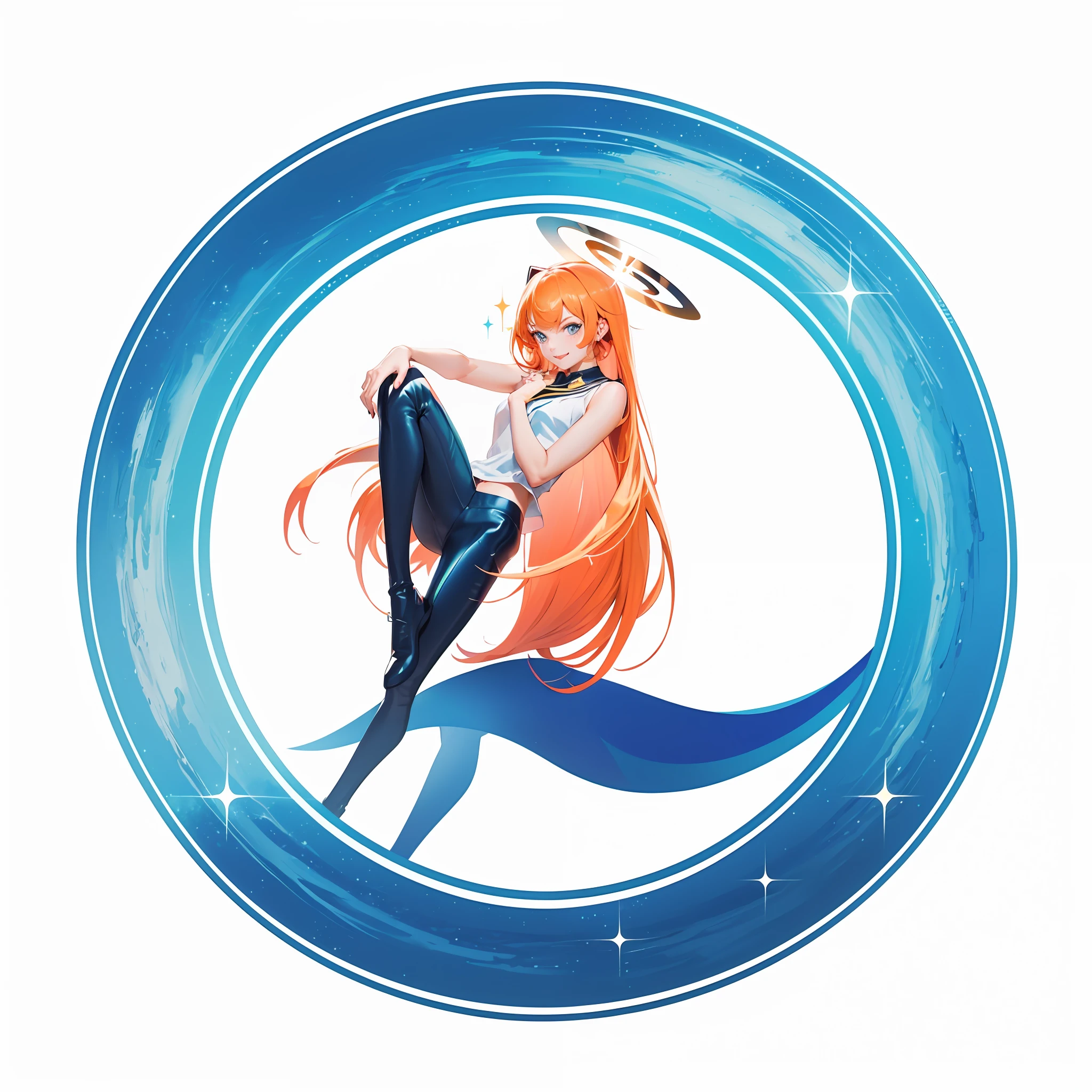(A girl with orange hair), Orange-blue tones, orange hair,blue eyes ,Expressive hair, Smile, Anime style, hyper HD, retinas, Masterpiece, cinematic lighting, ray tracing ,(yellow school uniform),sparkle