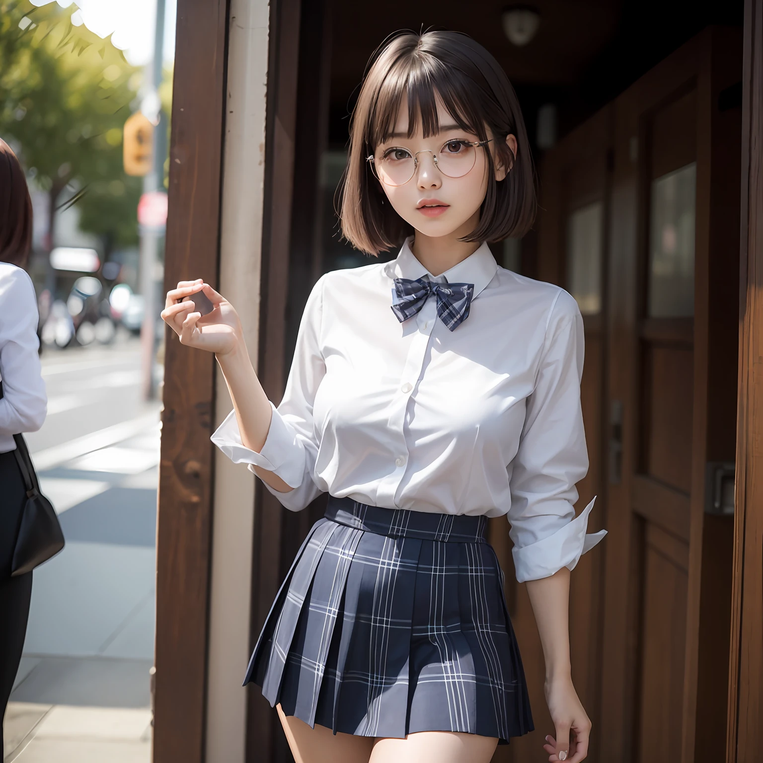 （8K、Raw photography、top-quality、​masterpiece：1.2）(Tight eyes,Bullish,skinny,Rasping,irate,small tits,flat breast)、​masterpiece,top-quality、超A high resolution,Raw photo,ren,Beautiful fece,One Person, 独奏,eye glass,,Dark look,Small breasts,fullllbody,Round glasses、cute little、A Japanese Lady,is standing,(Tight eyes,Bullish,skinny,Rasping,irate,small tits,flat breast)、（Photorealsitic：1.37）、Photon mapping,Light blue ribbon,Realistic、Cute little face,Brown-eyed、Black socks、(Red bow tie)、Radio City、Physically Based Rendering、Foreground、depth of fields、Blurry background、a picture,The girls、Body, Long legs, Thin leg, bob cuts,Tie your hair in one strand,(Bangs are visible), hair, s lips, Blue_The eye, nosesoft,  Light blue shirt, Navy blue and white plaid pleated skirt, Sheer clothing,, Thigh, Black cotton socks,Nogizaka Idol, 女優, Japanese ido