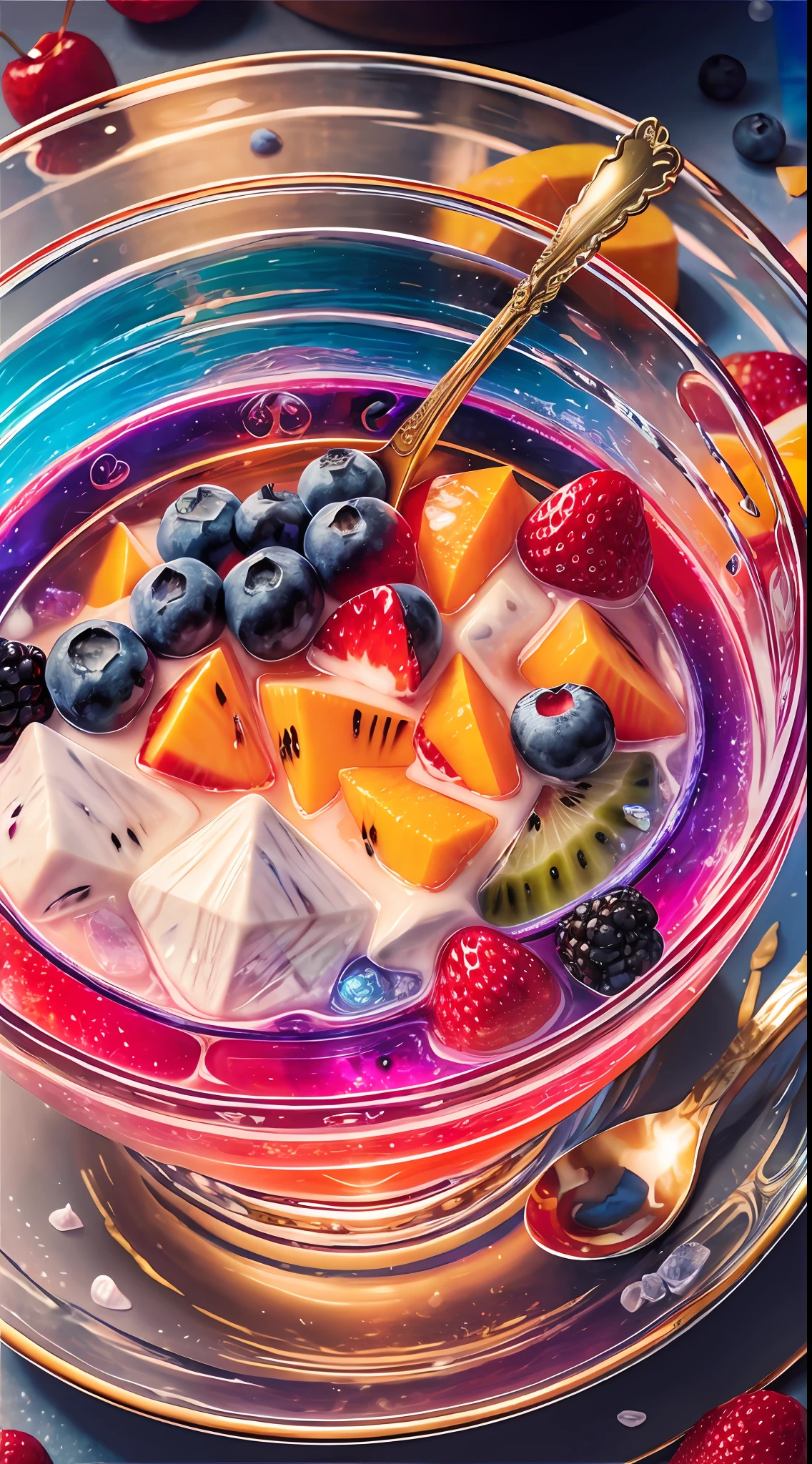 landscape: Sea, mountains, Palm trees, Beach, Magnificent sunrise, rainbow, Colorful, Faceted glass, crystal, mother-of-pearl shimmers, Multicolored, Different, Berry yogurt, CocktailWorld, scenery, landscape, Street, Depth of field , ((blurred background)), Masterpiece, Best Quality, ultra detail, (((Multi-layered jelly))) glass, stained glass windows, tmasterpiece, Top Quality, Experience, Chic, a gold, utensil, kettle, a cup, plate, Ice crystals, with floral print,1 cup milk yogurt) 1 teaspoon vanilla extract of your choice, Chopped fresh fruits (For example, strawberries, kiwi, mango, blackberry, raspberry, cherry, carambola, blueberries, etc.) Marengo, Epoxy