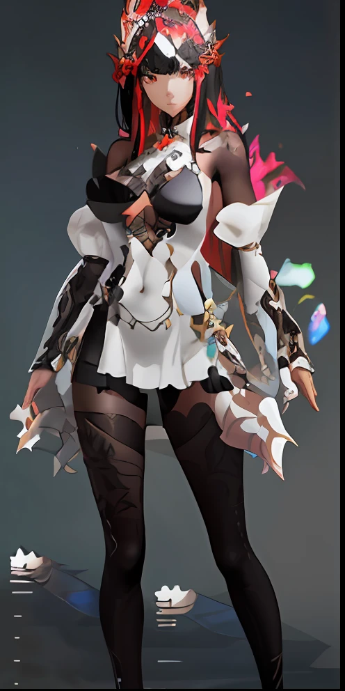 One with black hair and a white swimsuit , fantasyoutfit, detailed full-body concept, intricate outfits, detailed outfits, 8 k character details, clear outfit design, hyper-detailed fantasy character, full body detailing, very detailed and rich clothing, in monster hunter armor, insanely details, The whole body is wrapped in black delicate socks