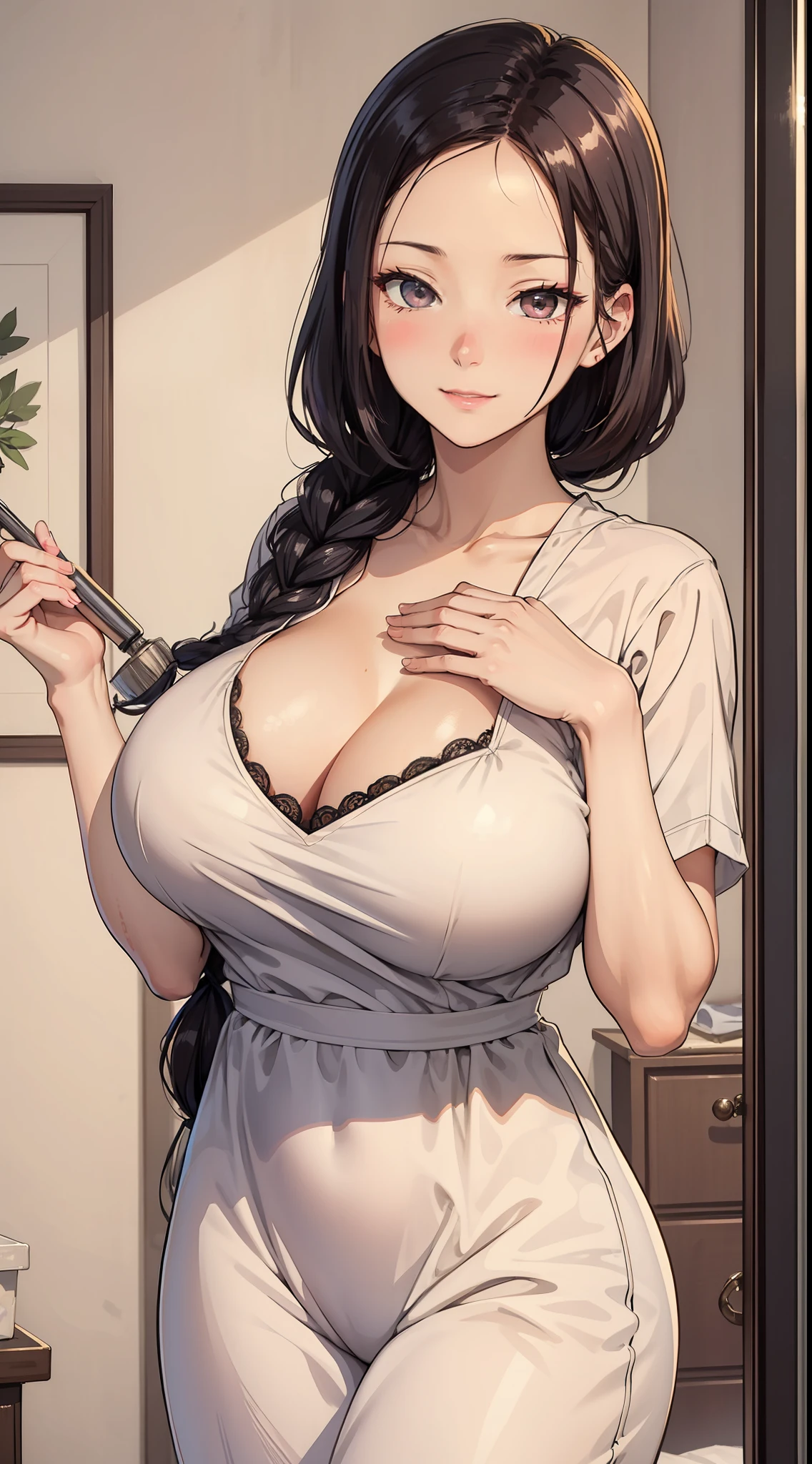 Close-up of a housewife cleaning her room, eyes not looking at the camera, shy look, blushing mother, a braid, smooth skin, very detailed clothes, intriguing suit, extremely high detail, random movements, interior scene, big breasts, happy, kind, milf