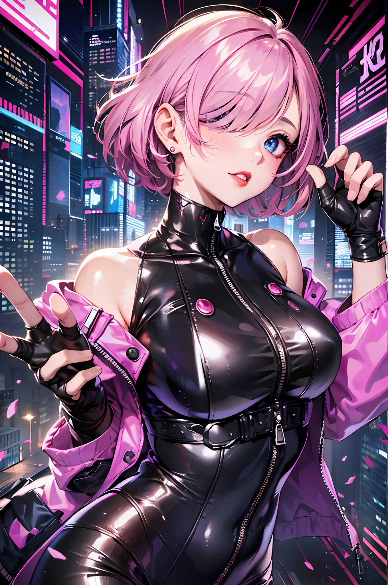 Top quality, fine detail, super detailed, accurate depiction, highly detailed 8k wallpaper, beautiful girl, solo, cowboy_shot, (blew eyes), (beautifully detailed eyes), seductive smile, (jacket: 1.3), (sleeveless bodysuit: 1.1), (beautiful and perfect fingers, 4fingers and 1thumb), (bare shoulders), (long eyelashes, red lips), (pink berry shorthair, hair over one eye), cyberpunk city,