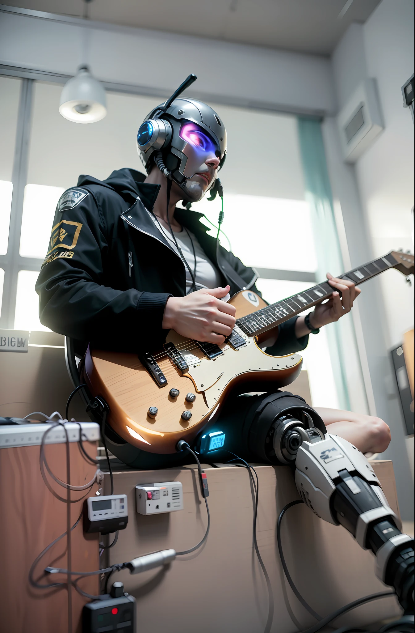 Complex 3d rendered robot face，droid，cyborg robot parts，150 mm，Beautiful studio soft light，rim-light，vibrant detail，Luxurious cyberpunk，，ultra-realistic realism，parfect anatomy，face muscles，Cable Electrical Wire，micro Chip，Holding a guitar，droid，Silver helmet，full bodyesbian