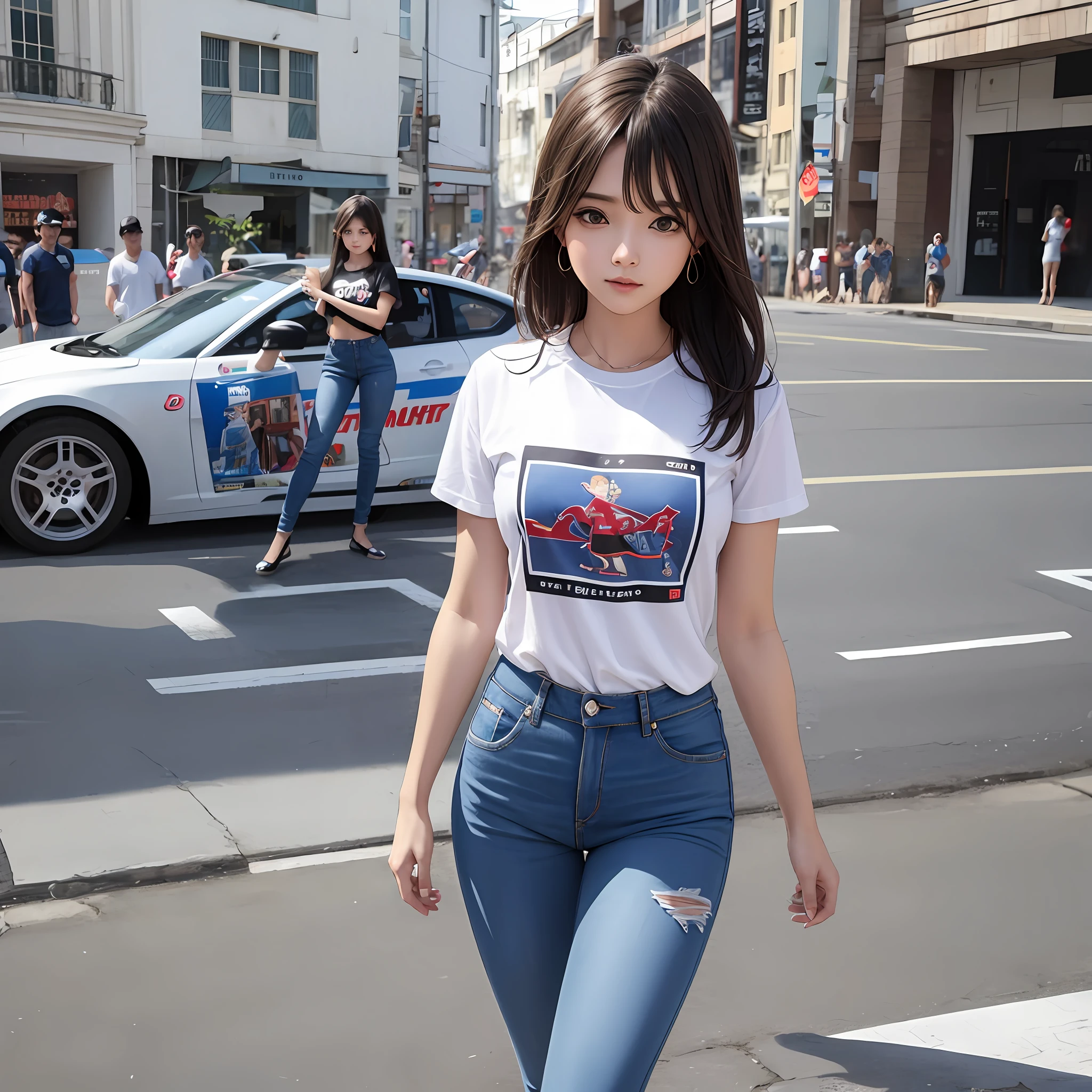 tee shirt，denim pant，Royal sister face，Loli figure，In racing， --auto