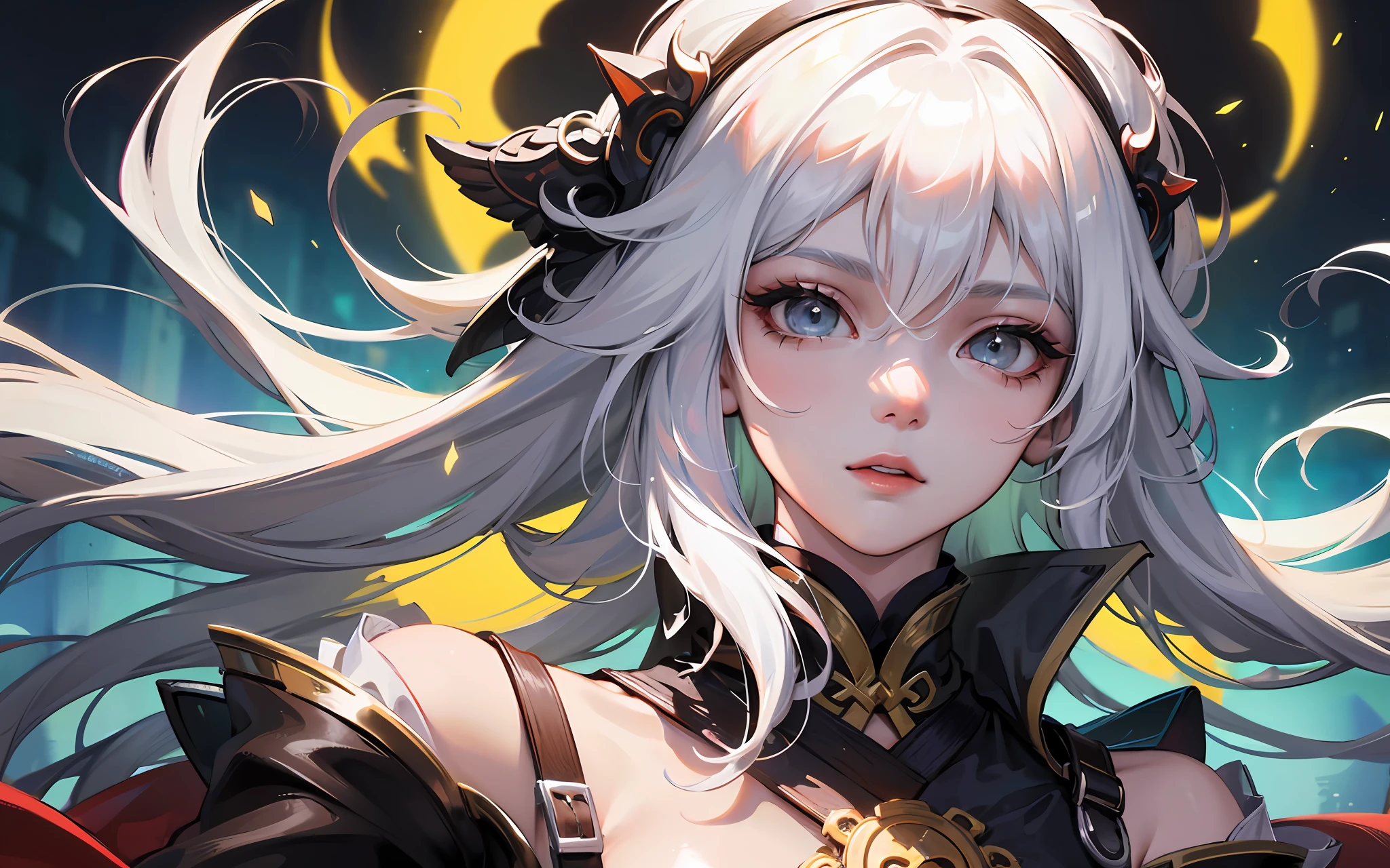 close-up of a woman with white hair and white mask，Belle peinture de personnage，Guviz，Guviz-style artwork，white-haired god，Yang J，Epic and beautiful character art，Stunning character art，FAN Qi，Wu Zhun Shifan，Guvitz at the Pixiv Art Station，The kinky is exposed