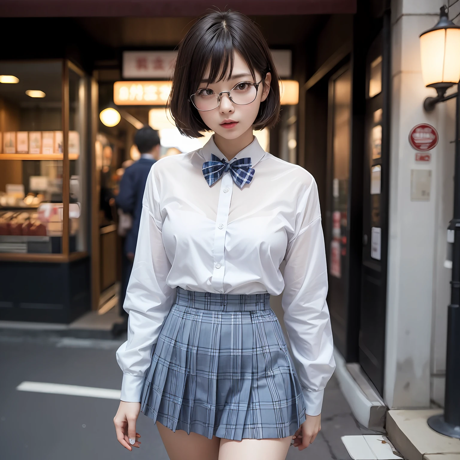 (8K、Raw photography、top-quality、masterpiece:1.2)(Tight eyes,Bullish,skinny,Rasping,irate,small tits,flat breast)、masterpiece,top-quality、超A high resolution,Raw photo,ren,Beautiful fece,One Person, 独奏,eye glass,,Dark look,Small breasts,fullllbody,Round glasses、cute little、A Japanese Lady,is standing,(Tight eyes,Bullish,skinny,Rasping,irate,small tits,flat breast)、(Photorealsitic:1.37)、Photon mapping,Light blue ribbon,Realistic、Cute little face,Brown-eyed、Black socks、(Red bow tie)、Radio City、Physically Based Rendering、Foreground、depth of fields、Blurry background、a picture,The girls、Body, Long legs, Thin leg, bob cuts,Single knot,(Bangs are visible), hair, s lips, Blue_The eye, nosesoft, Light blue shirt, Navy blue and white plaid pleated skirt, Sheer clothing,, Thigh, Black cotton socks,Nogizaka Idol, 女優, Japanese ido