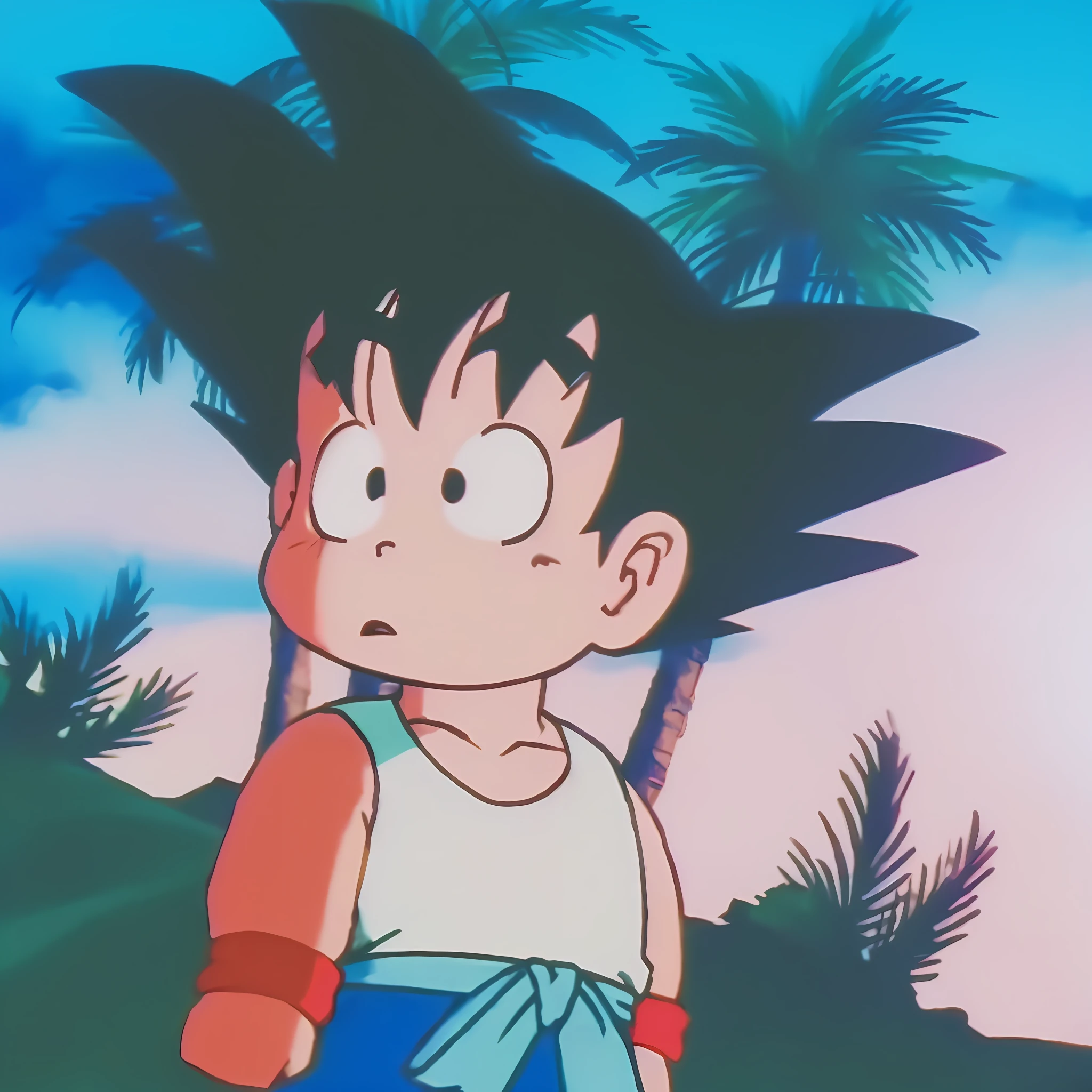 In the background is a close-up of a cartoon character of a palm tree, an retro anime image, Son Goku, Wukong, portrait of goku, Goku from Dragon Ball, 鸟山明风格, human goku, 《dragonball z》Goku in , goku from dragonball z, 9 0 s anime aesthetic, goku as an asian man, movie still of robot goku