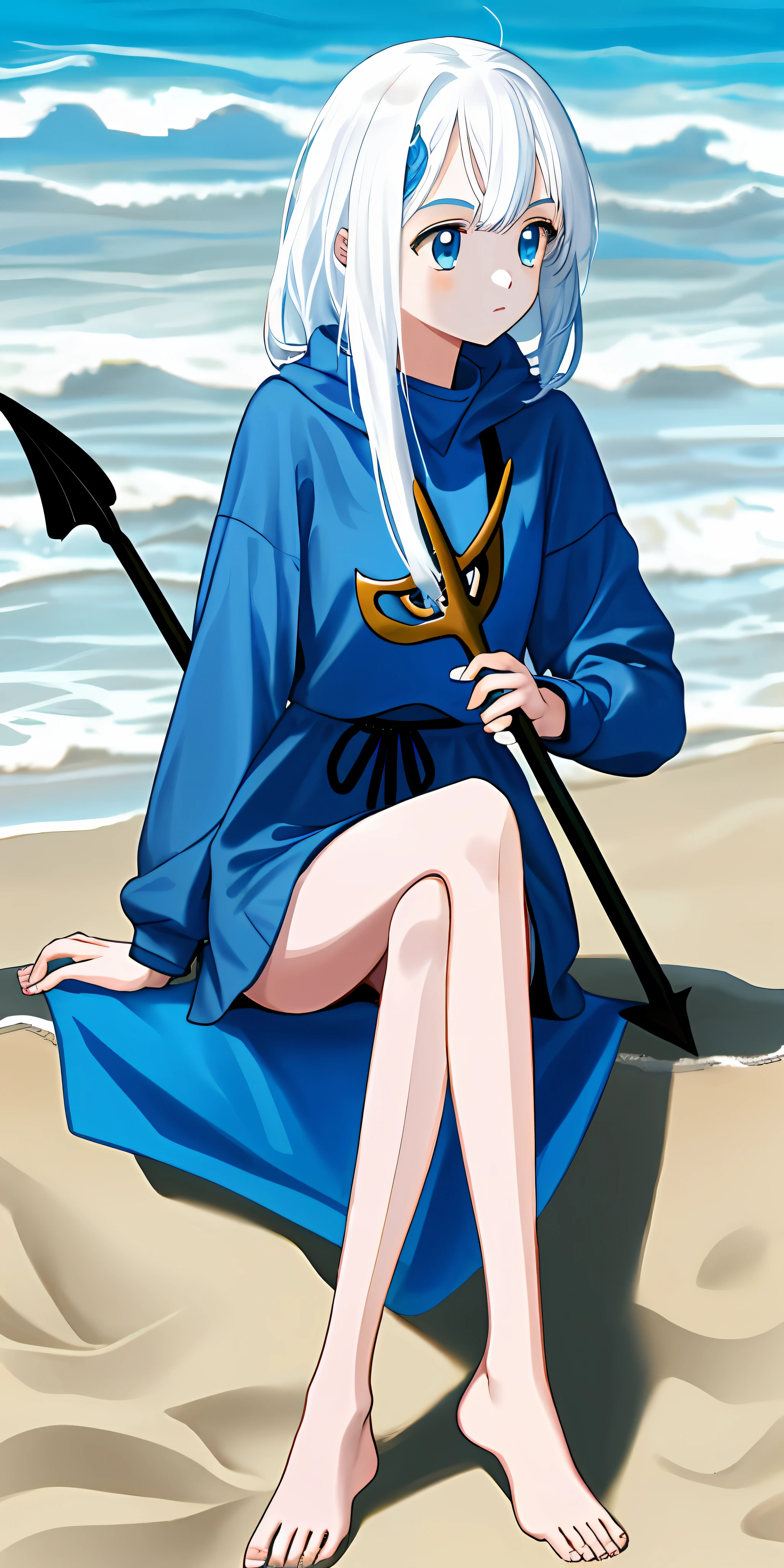 s girl,sitting in beach,blue clothes,white color hair,Trident in hand,bare-legged