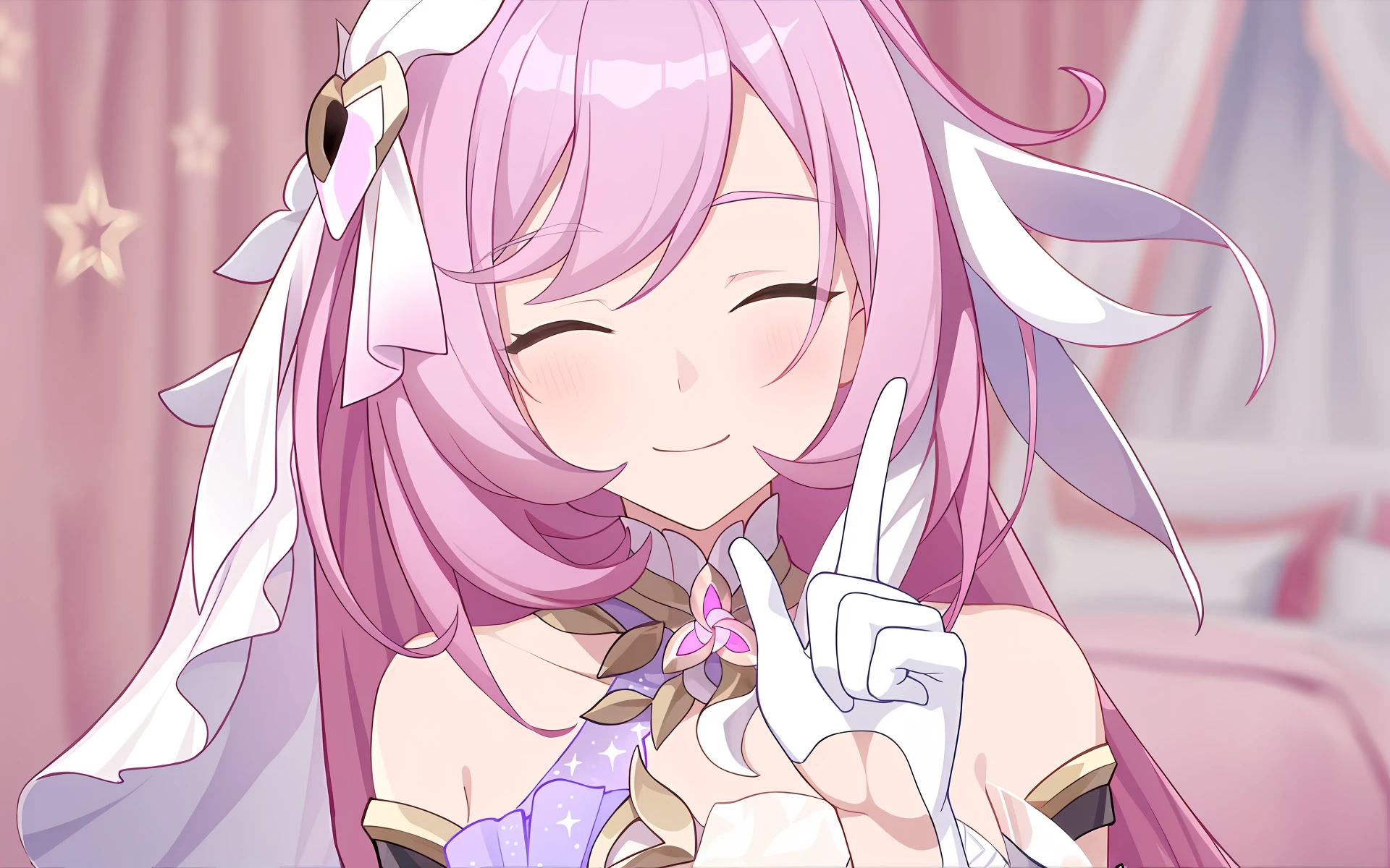 Anime girl with pink hair and white gloves holding peace sign, Ayaka Genshin impact, [[[[grinning evily]]]], A scene from the《azur lane》videogame, Splash art anime Loli, joyful smirk, anime visual of a cute girl, with index finger, happy and spirited expression, smiling as a queen of fairies