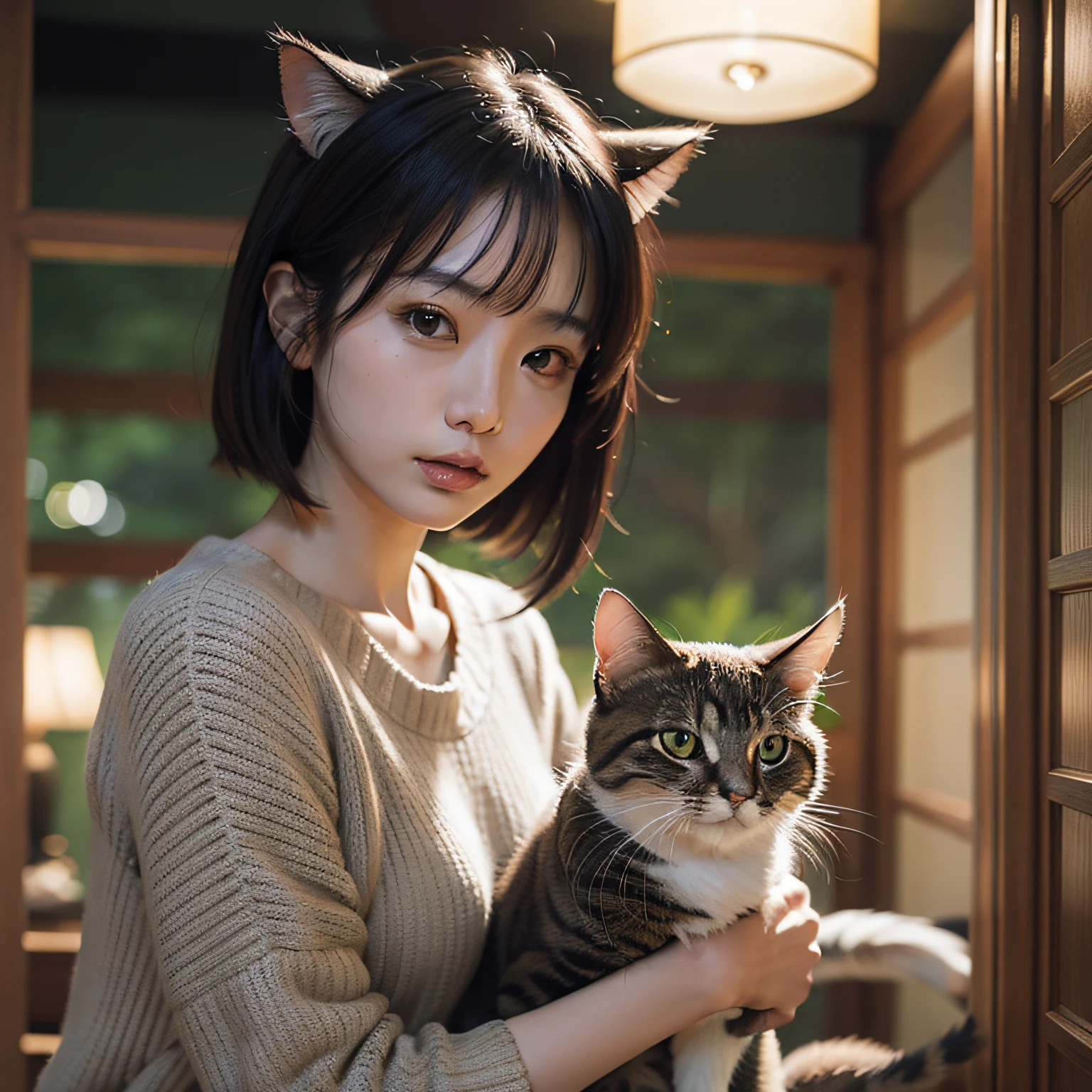 A Japanese Lady、20 generations of beauties、Negrigier、Bust: 90cm、Bedroom at night、domestic cat