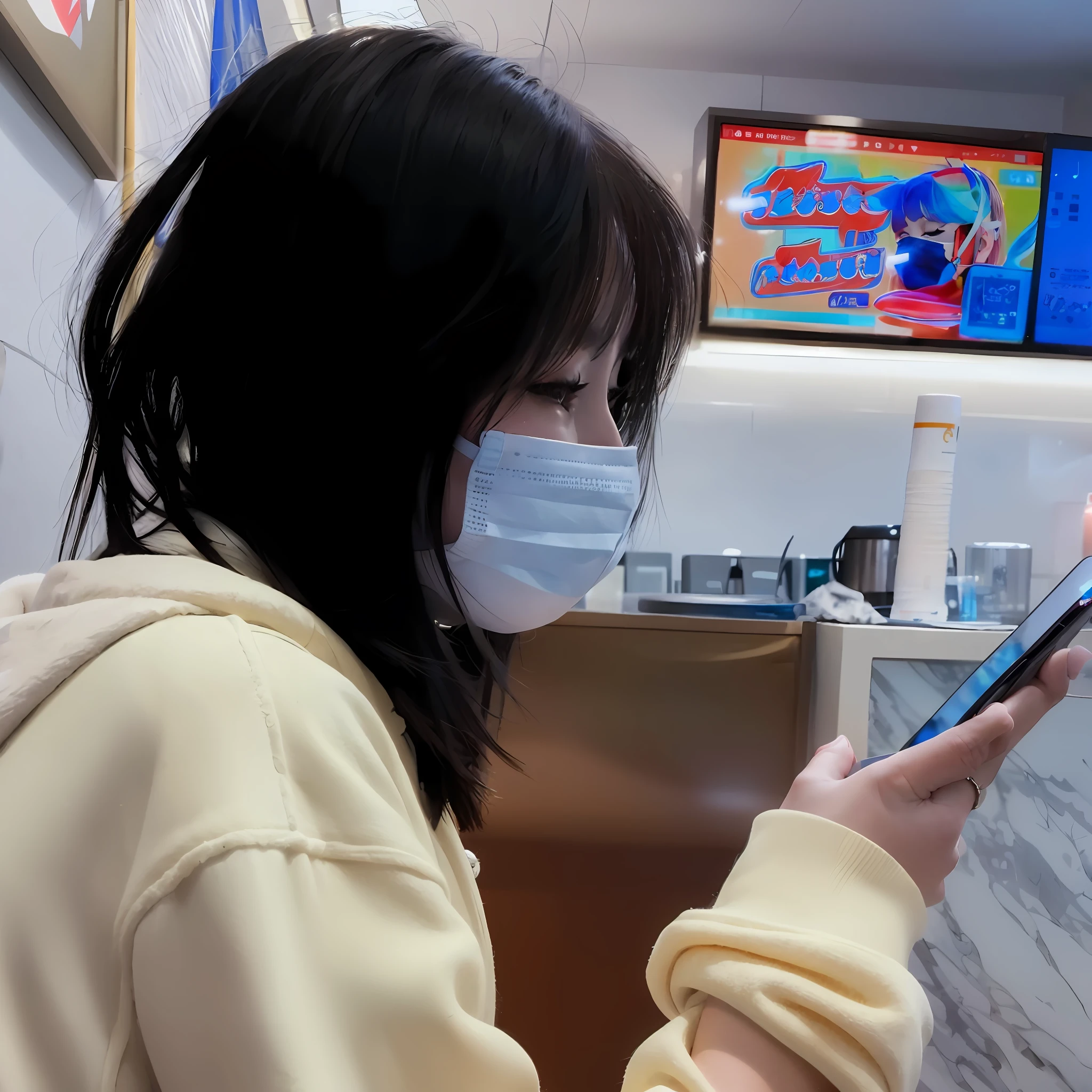 Woman wearing mask using cell phone in restaurant, wearing face mask, surgical mask covering mouth, checking her phone, wearing face mask, wearing transparent glass mask, Wearing a mask, checking her phone, e - girl, E-Girl, lulu chen, no face mask, wearing facemask and sunglasses, taken in 2 0 2 0, 24mp