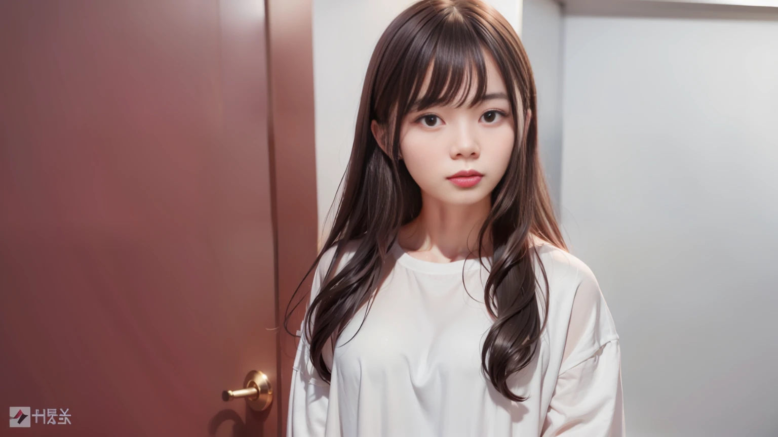 A woman with long hair stood in front of the door, chiho, with short hair, ulzzangs, tidy hair,By bangs, Yoshitomo Nara, With bangs, With long hair, Choi Hyun-hwa, hime-cut, jaeyeon nam, park jimin, Long hair with bangs, harumi