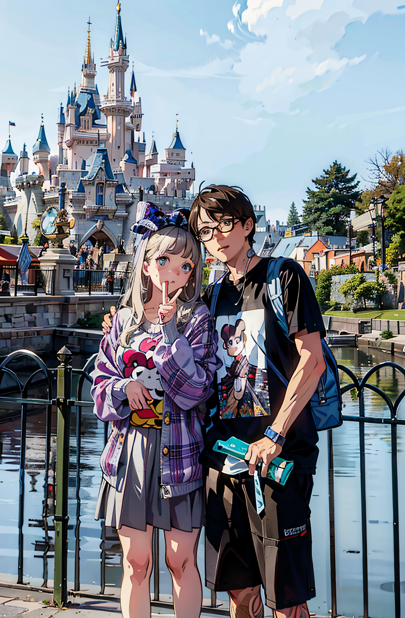 Girl V gesture,(borgar:1.1)|(Disneyland Castle),(Manhwa Style),(detaiils),The age girl stood side by side,(Background features),(Thick lines),cute couple。