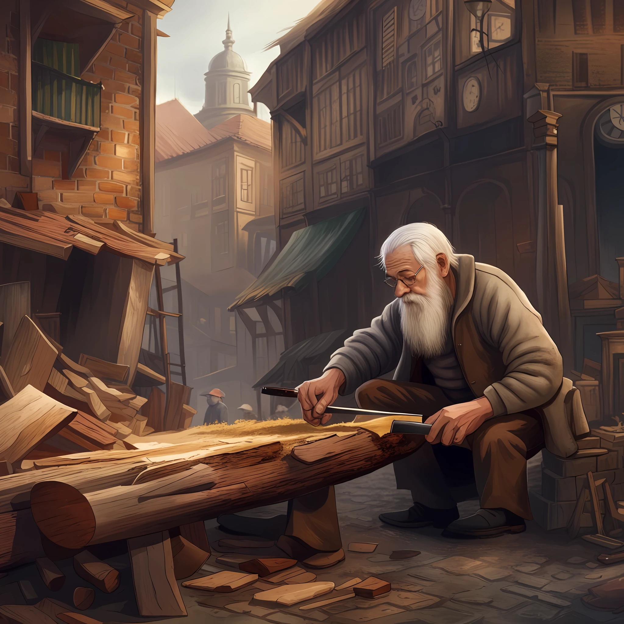 there is a man that is cutting wood with a knife, medieval fantasy game art, detailed painting 4 k, 3d render senior artist, by Ludwik Konarzewski Jr, by Hristofor Zhefarovich, game illustration, detailed game art illustration, inspired by Johannes Helgeson, by Kerembeyit, fantasy rpg book illustration